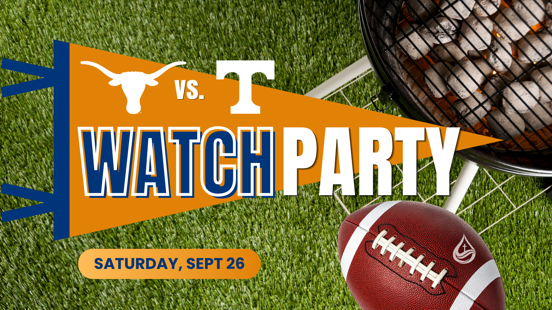 Football-themed watch party flyer with a barbecue grill, football, and grass background, indicating the event is on Saturday, September 26.