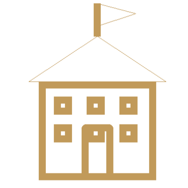 A simple, stylized illustration of a school building with a flagpole on top, six windows, and a door in the center.
