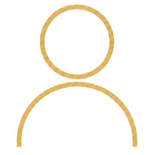 Minimalist outline of a person using two gold circles and a partial arc on white background.