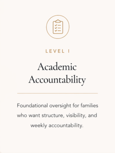 Flyer titled 'Level 1 Academic Accountability' with an icon of a clipboard at the top, describing foundational oversight for families seeking structure, visibility, and weekly accountability.