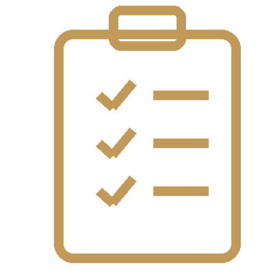 Gold-colored clipboard with checkmarks and lines indicating a checklist.