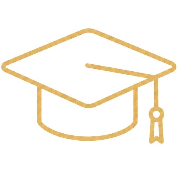 Gold outline of a graduation cap with a tassel.