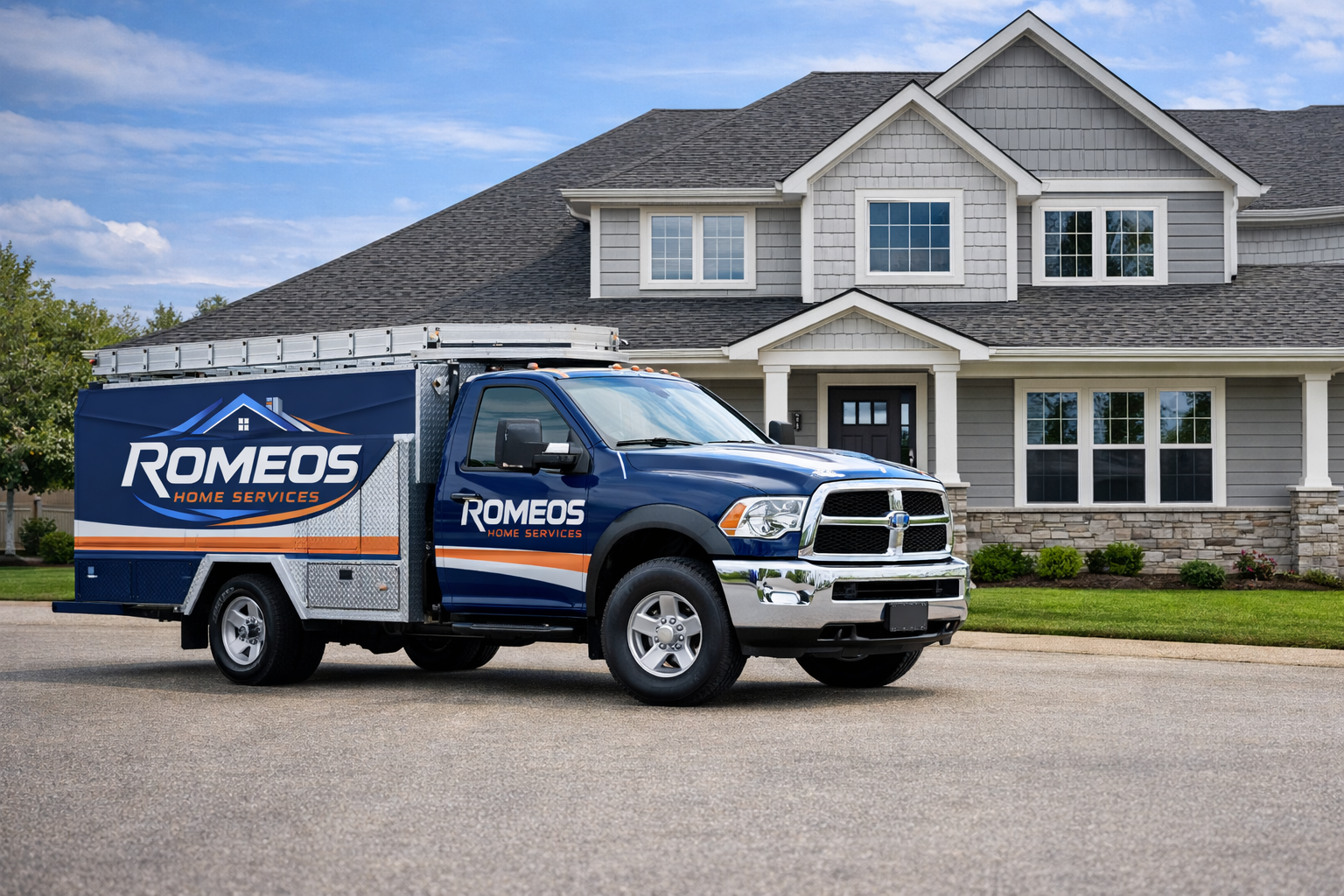 A blue crew cab pickup truck with 'Romeos Home Services' logos parked in front of a two-story suburban house with gray siding, black front door, and well-manicured lawn.