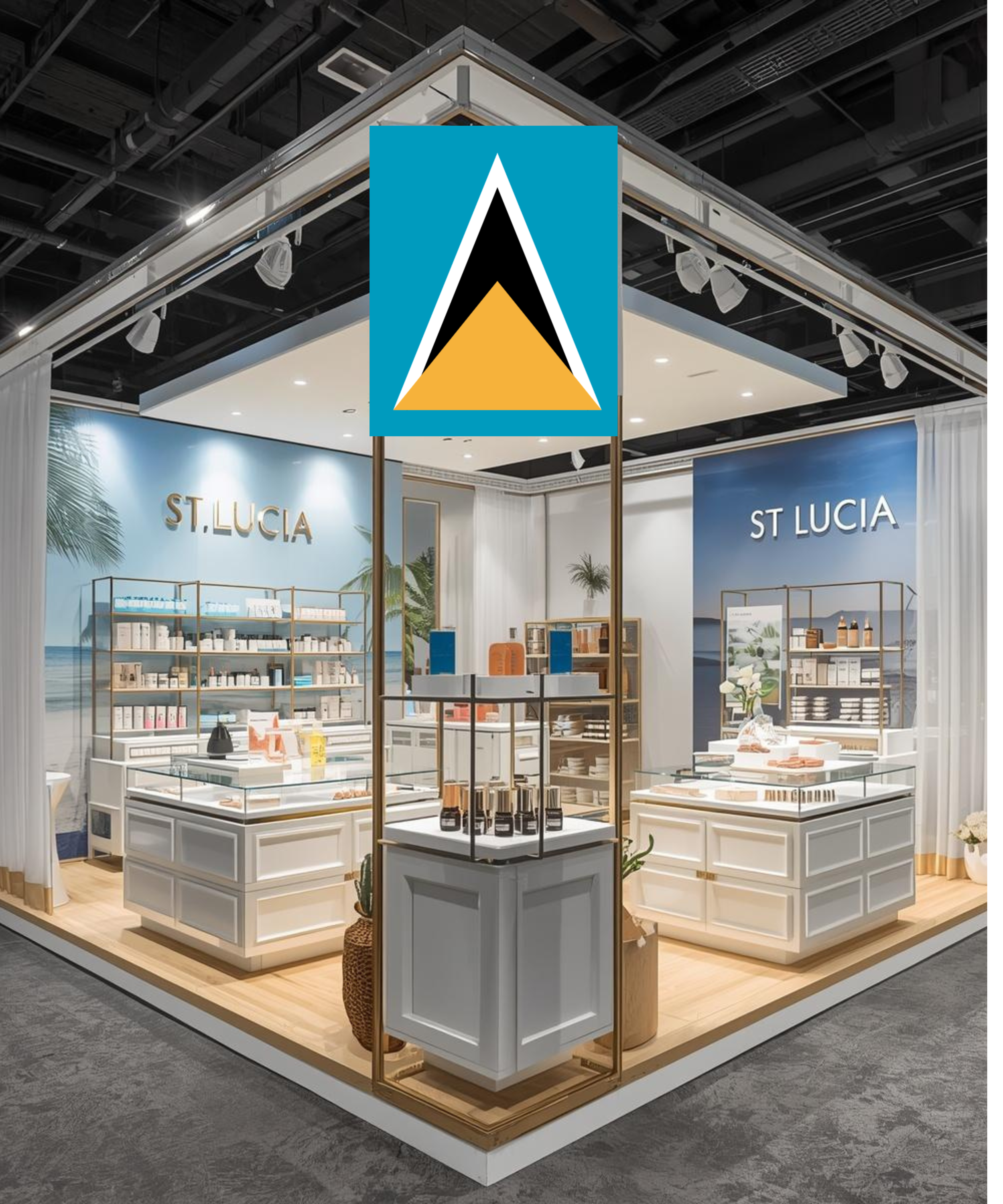 A retail display booth with the sign 'St Lucia' featuring a beach and ocean scene, decorated with palm trees, displaying skincare or cosmetic products on white counters, situated on a wooden platform inside a modern indoor space.