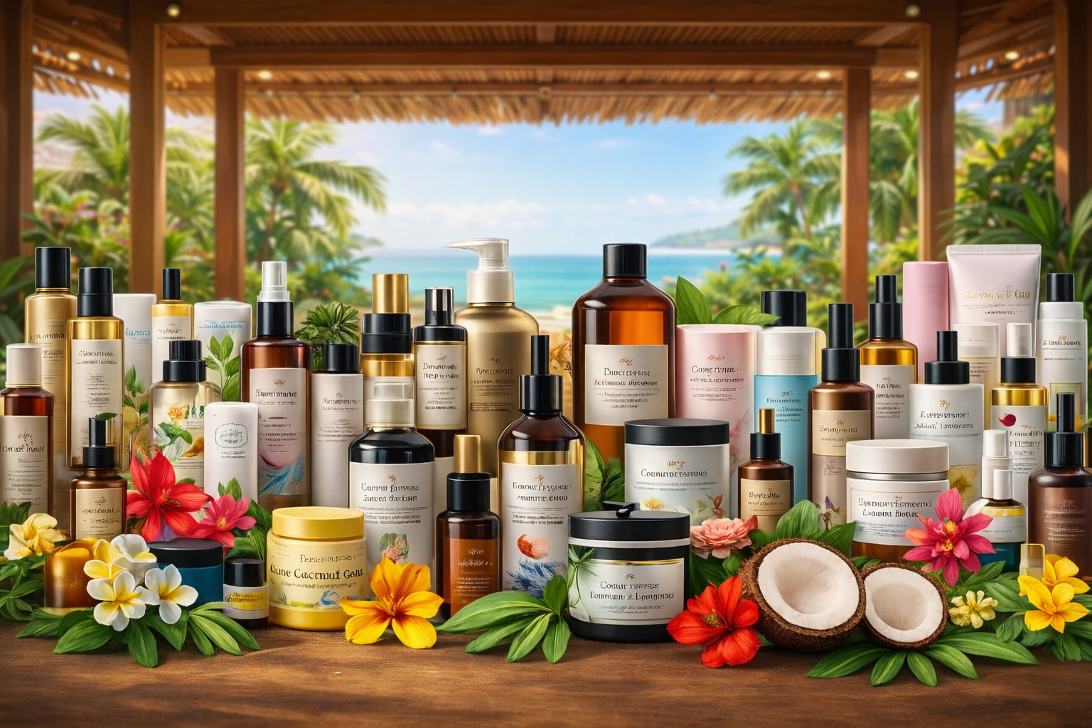 A display of various skincare products, including bottles and jars, surrounded by tropical flowers and coconut, with a beach and ocean view in the background.