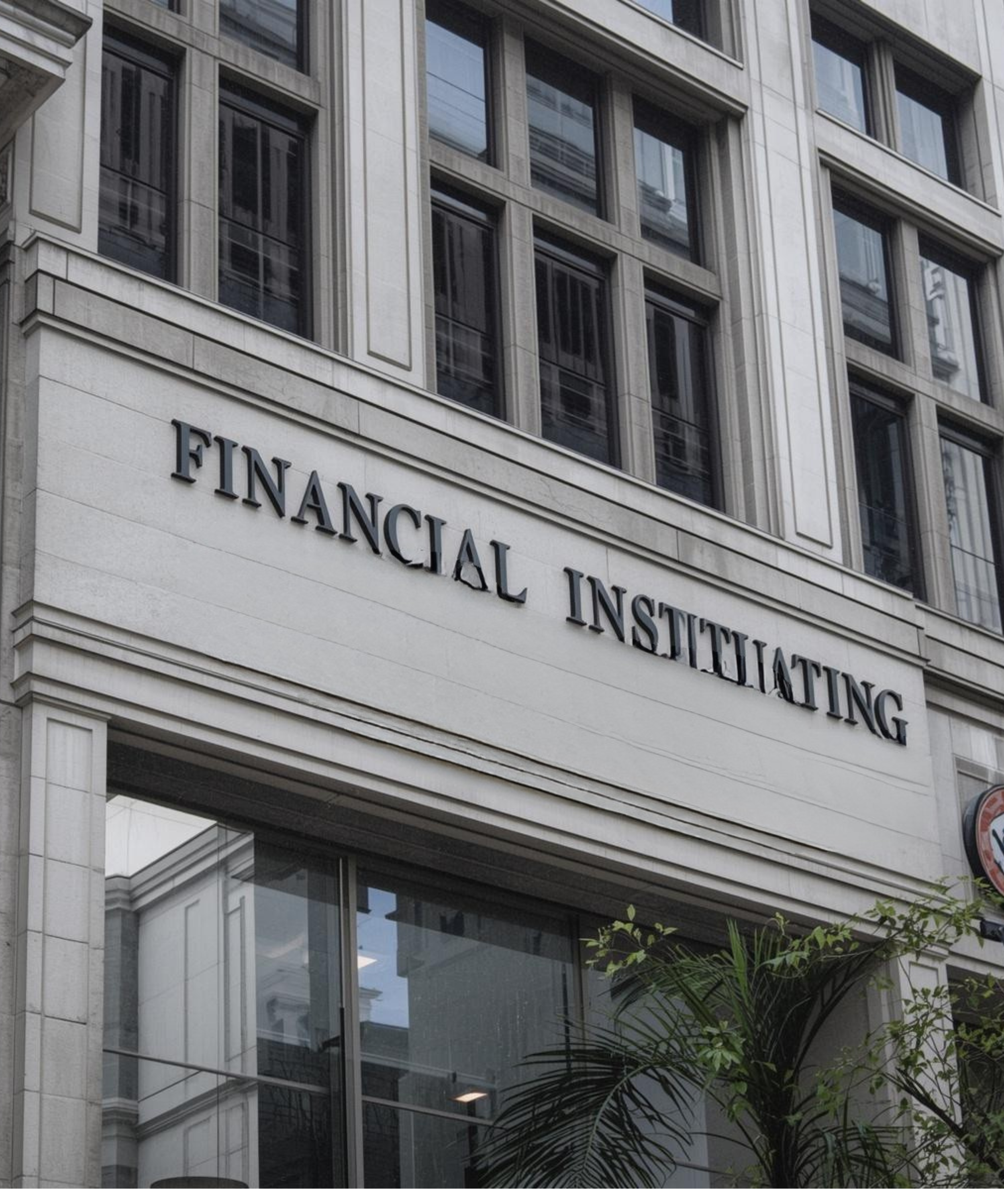 Exterior view of a building with a sign that says 'Financial Instituting' above a glass entrance door, with plants in front.
