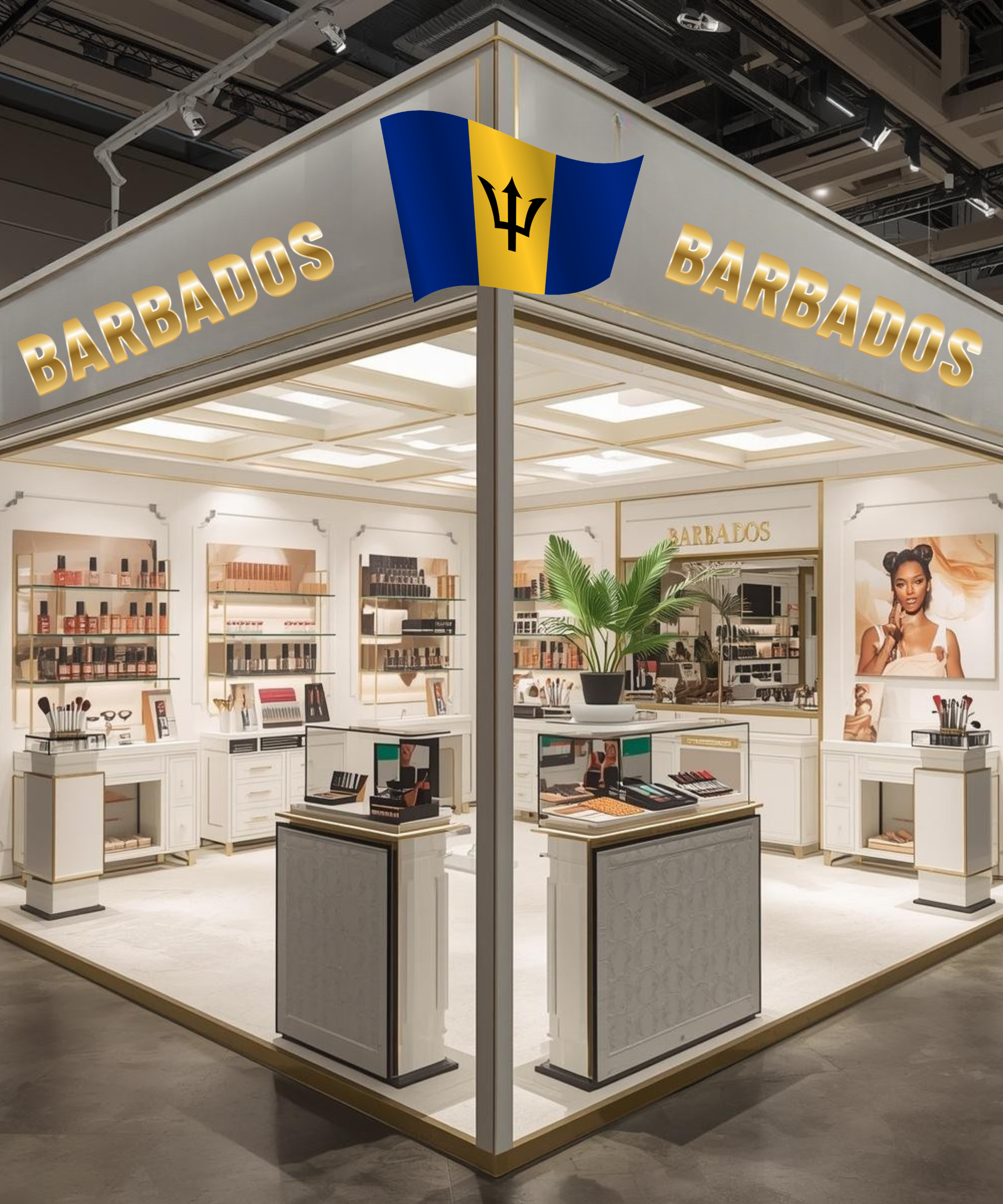 An exhibition booth for Barbados with the Barbadian flag at the corner, showcasing makeup and beauty products, with shelves, counters, a large plant, and a portrait of a woman.