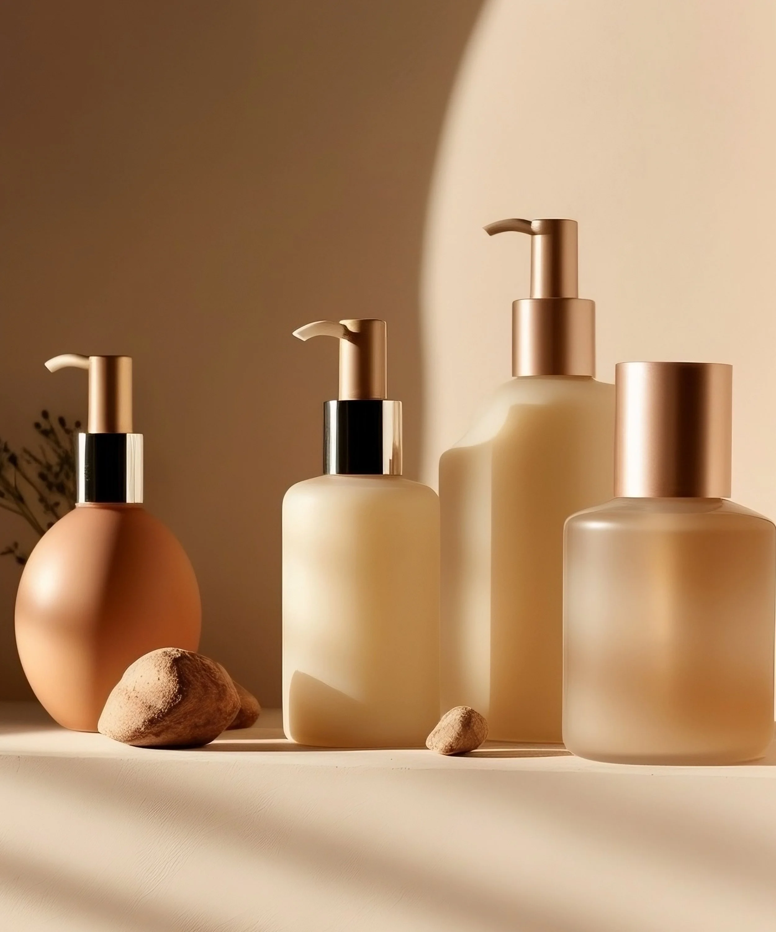 Elegant skincare bottles in neutral tones with rocks, sunlit against a soft beige background.