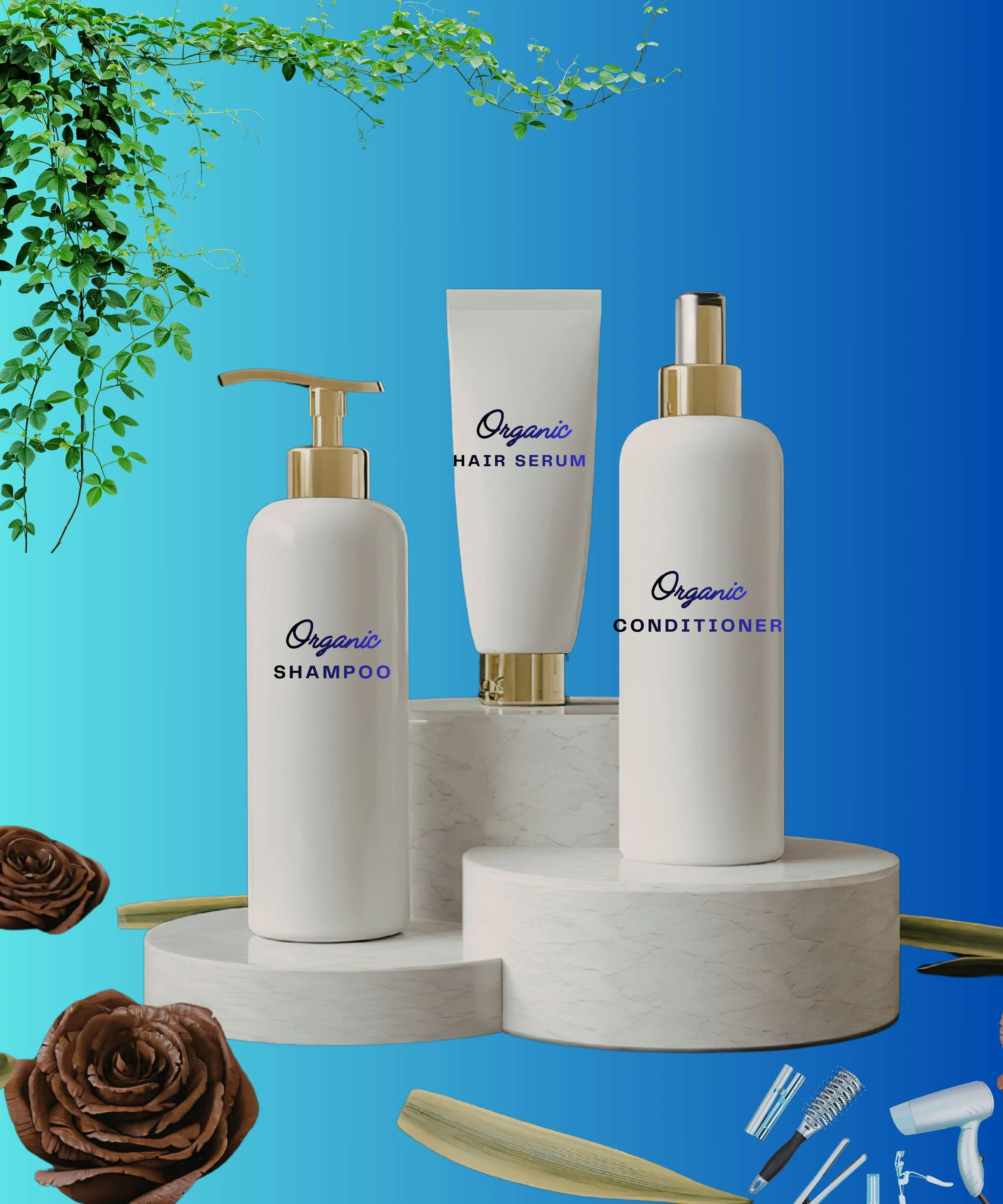 Display of three white organic hair care products: shampoo with pump, hair serum in a squeeze tube, and conditioner with spray top, arranged on a white marble platform against a blue background. Decorative elements include green foliage, brown roses, and various hair styling tools at the bottom.