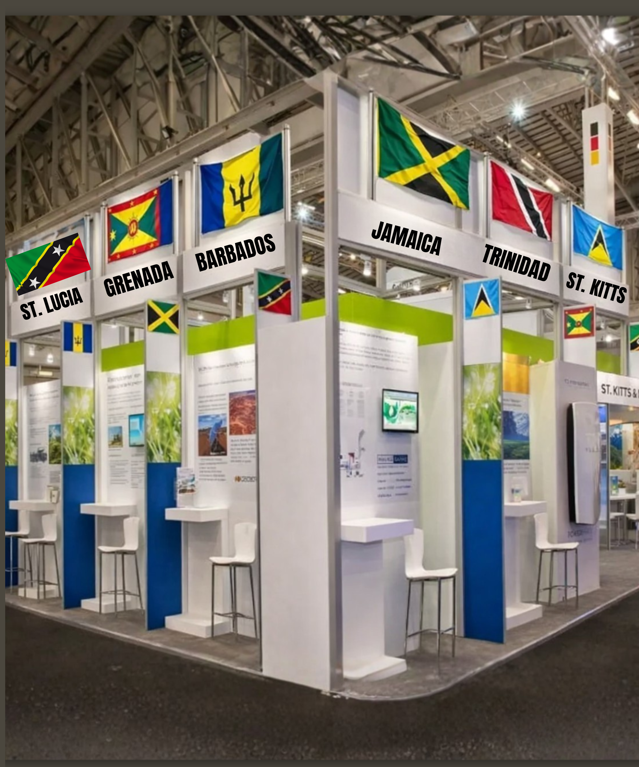 Exhibition booth with flags from various Caribbean and island nations, including St. Lucia, Grenada, Barbados, Jamaica, Trinidad, St. Kitts, and others, displayed along the top of the booth.