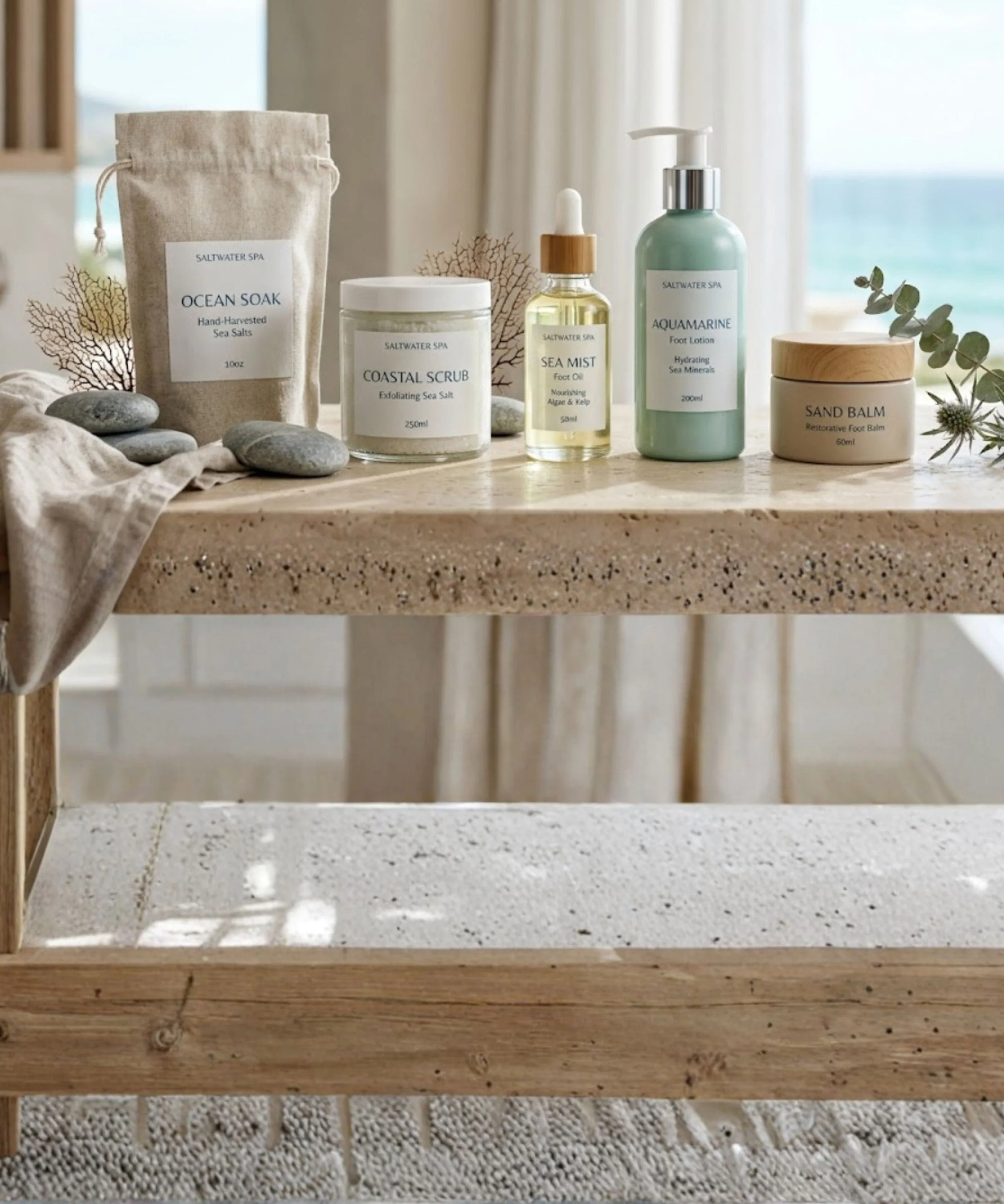 Spa products including Ocean Soak, Coastal Scrub, Sea Mist, Aquamarine Foot Lotion, and Sand Balm on a wooden and stone shelf, with rocks and a cloth.