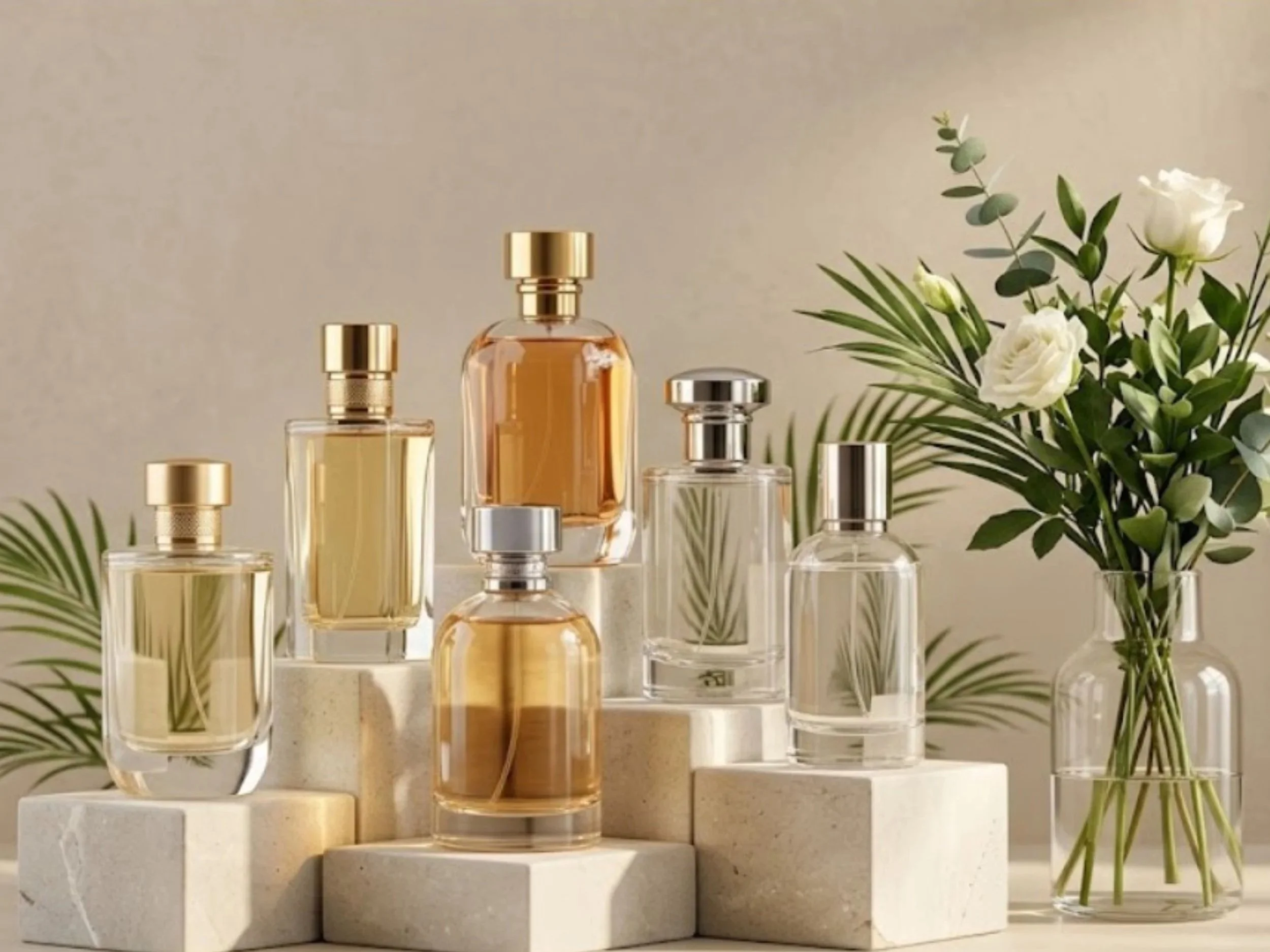 Collection of six perfume bottles with different shapes and colors, arranged on white blocks, with a vase of white roses and greenery.