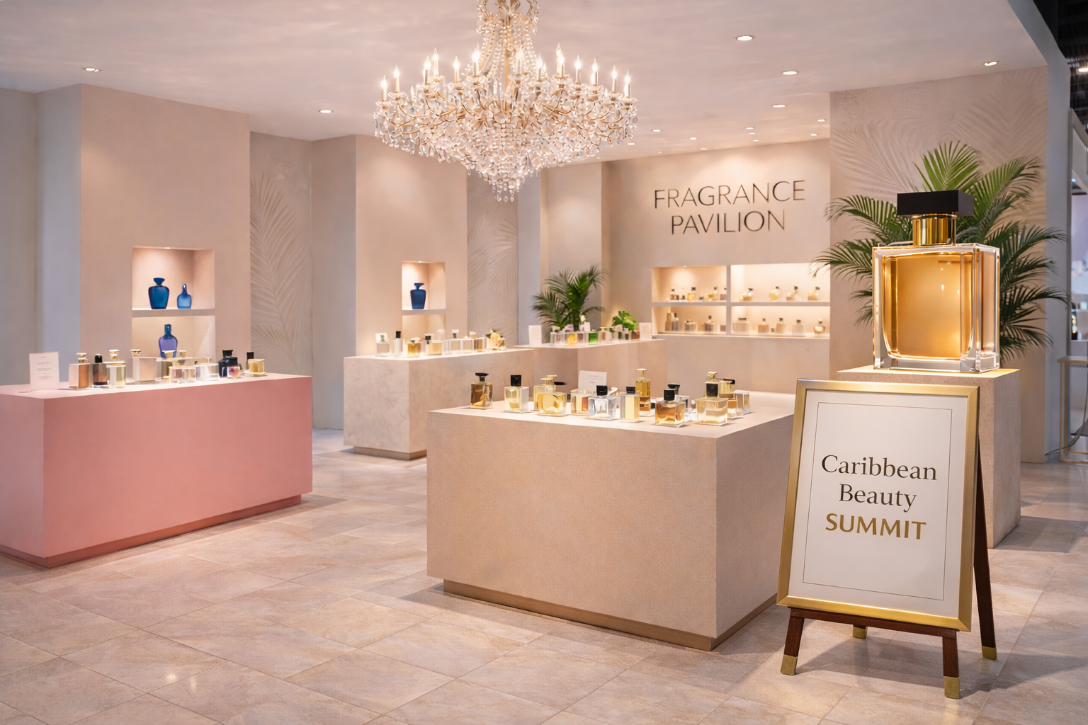 Elegant display of perfume bottles at the Caribbean Beauty Summit, with a chandelier, potted plants, and a sign in the foreground reading 'Caribbean Beauty SUMMIT' inside a wellness or fragrance pavilion.