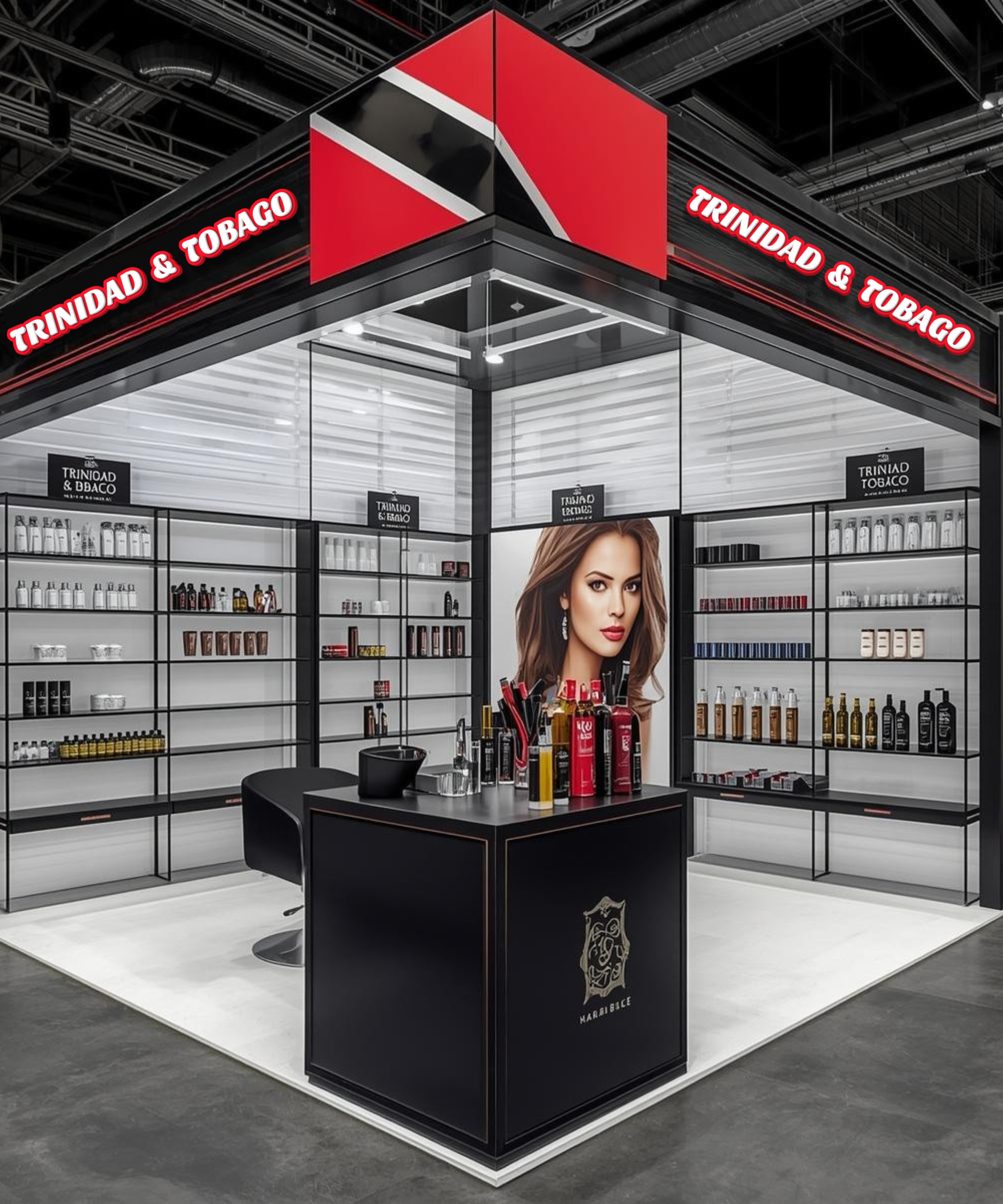 A trade show booth for Trinidad & Tobago with shelves displaying various beauty and skincare products. The booth features a large photo of a woman with styled hair and makeup, and has the country and tobacco branding on the signage.
