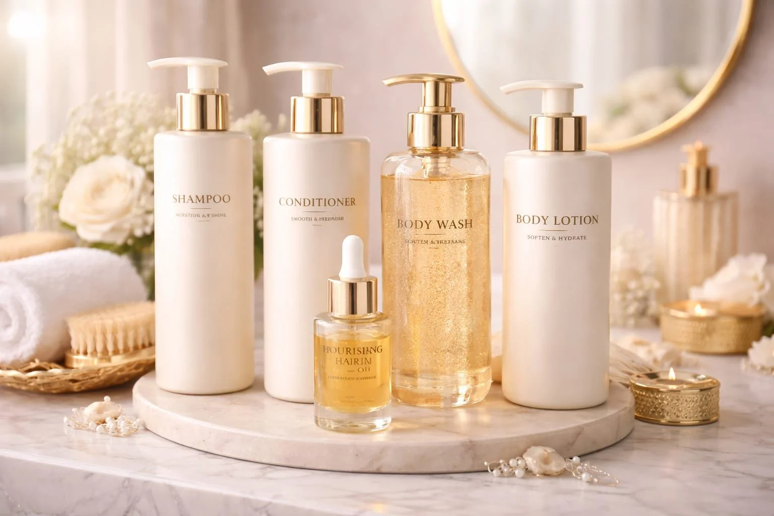Spa or skincare products including shampoo, conditioner, body wash, body lotion, and a bottle of hair oil arranged on a marble surface with candles and flowers in the background.
