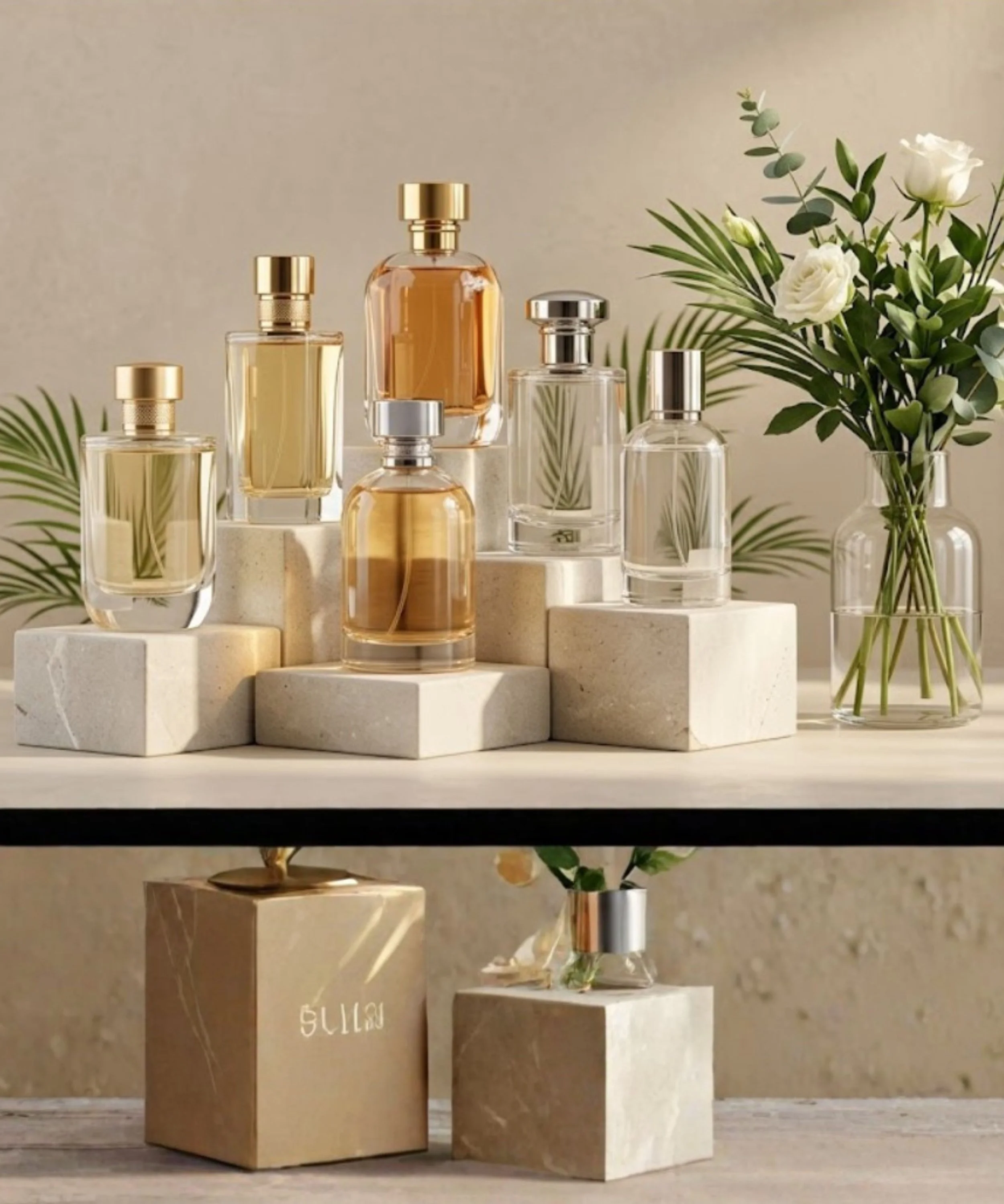 Display of various perfume bottles on stone platforms with a bouquet of white roses and green foliage in a glass vase to the right.
