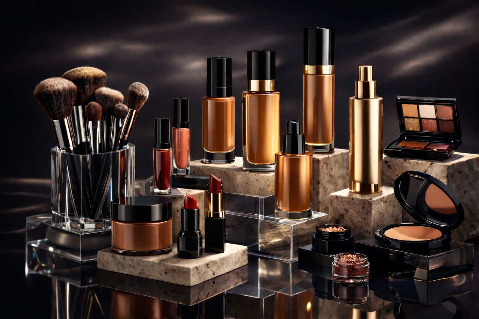 Beauty products including brushes, lipsticks, foundations, and eyeshadow palette on marble and glass surfaces.