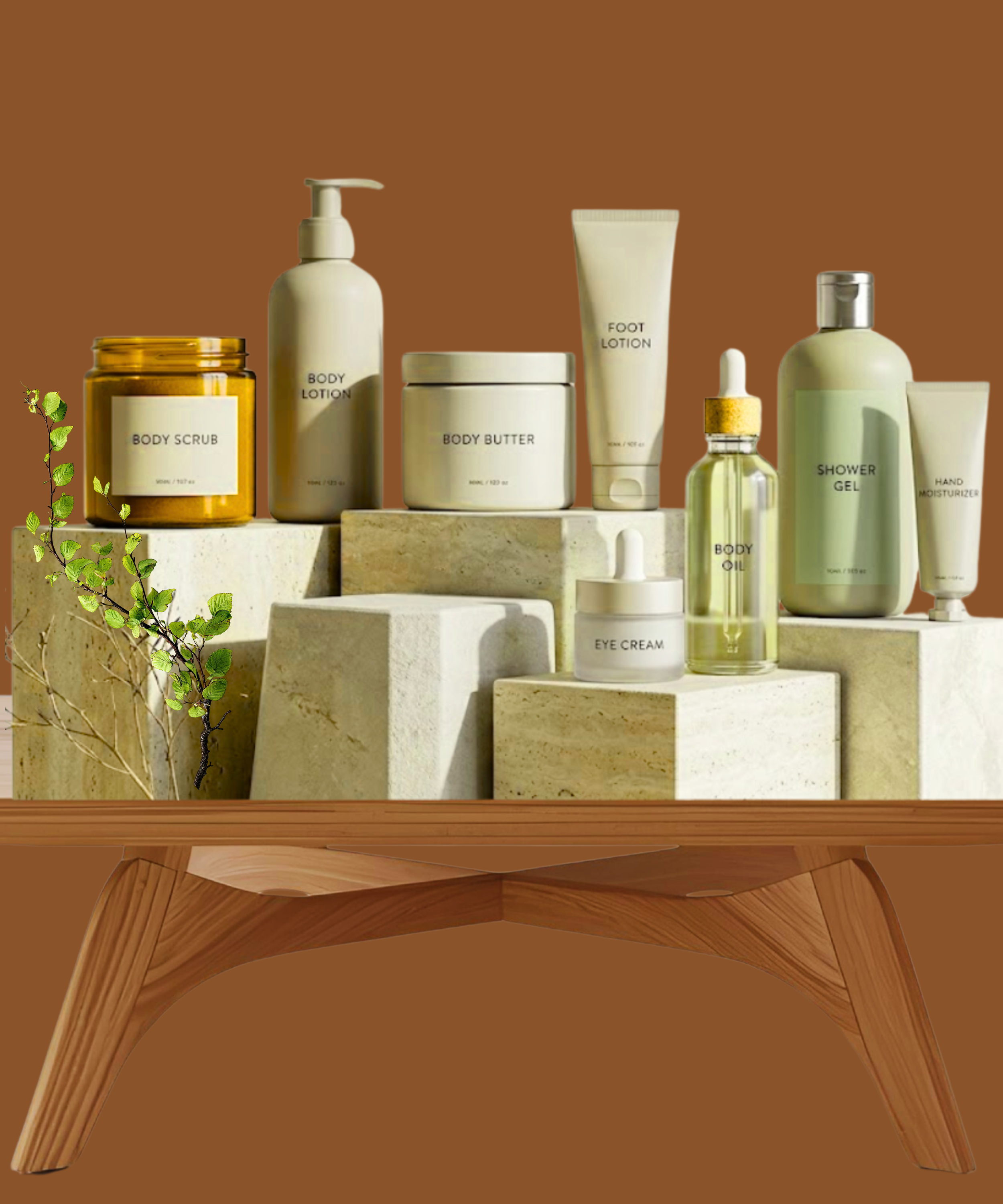 A collection of skincare and body care products displayed on stone blocks and a wooden surface, including body scrub, body lotion, body butter, foot lotion, eye cream, body oil, shower gel, hand moisturizer, and a dropper bottle, with a small green plant on the side against a brown background.