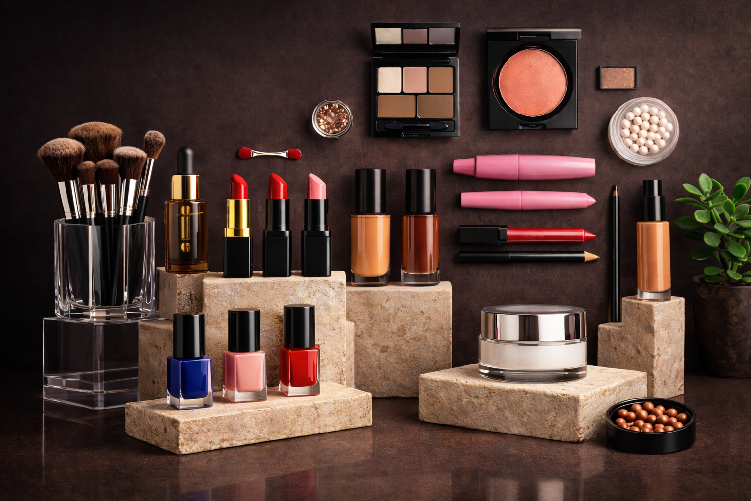 Tray and display of various makeup products and brushes, including lipsticks, nail polishes, blush, eyeshadow, highlighter, bronzer, foundation, and makeup brushes on a dark surface with greenery in the background.