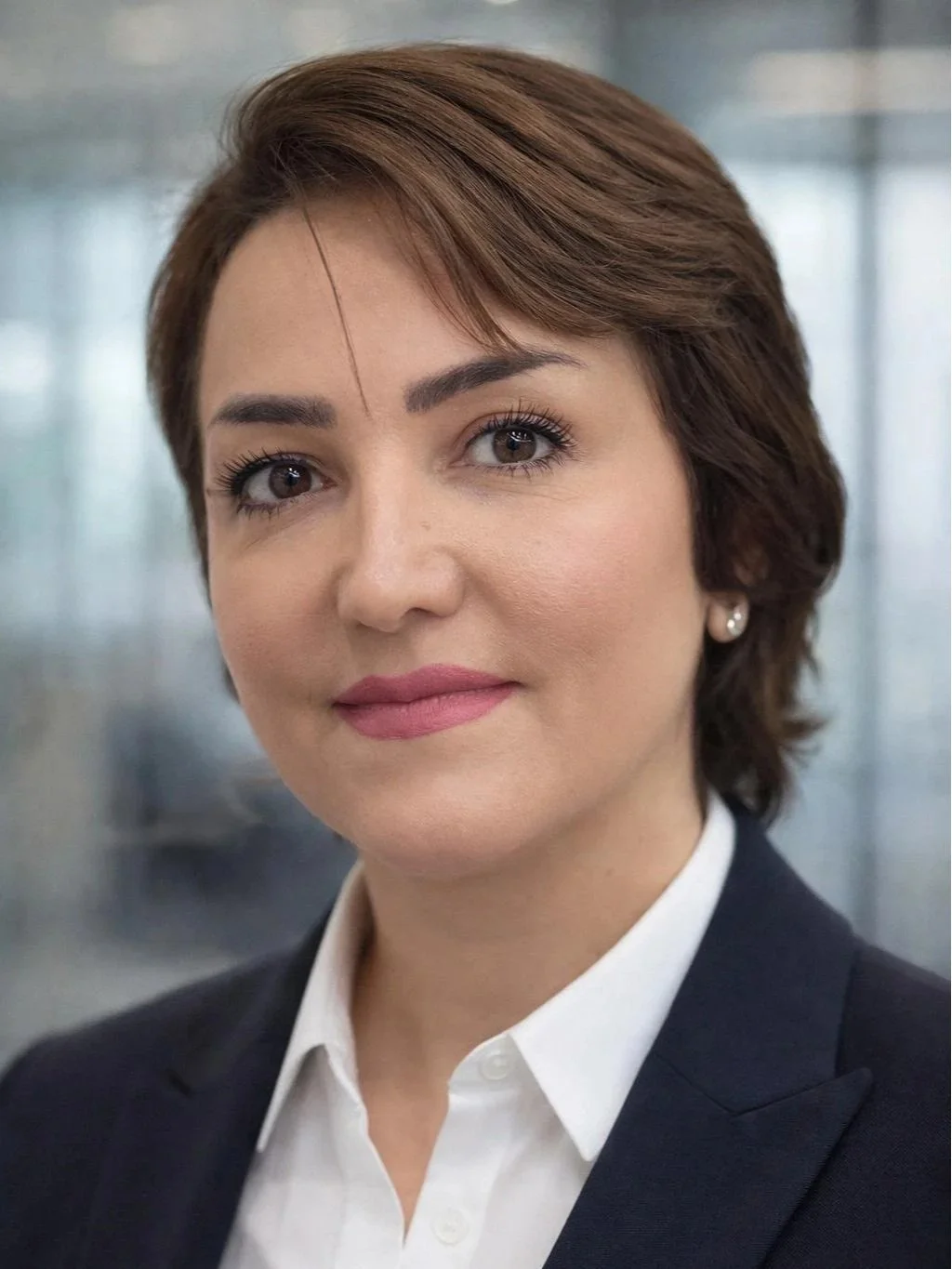 A professional woman with short brown hair, light makeup, wearing a white collared shirt and a dark blazer.