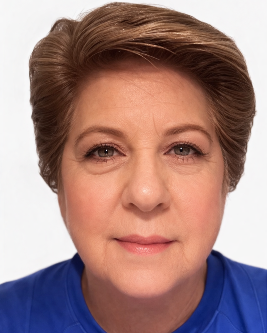 Close-up portrait of a middle-aged woman with short, styled brown hair wearing a blue top, looking directly at the camera with a neutral expression.