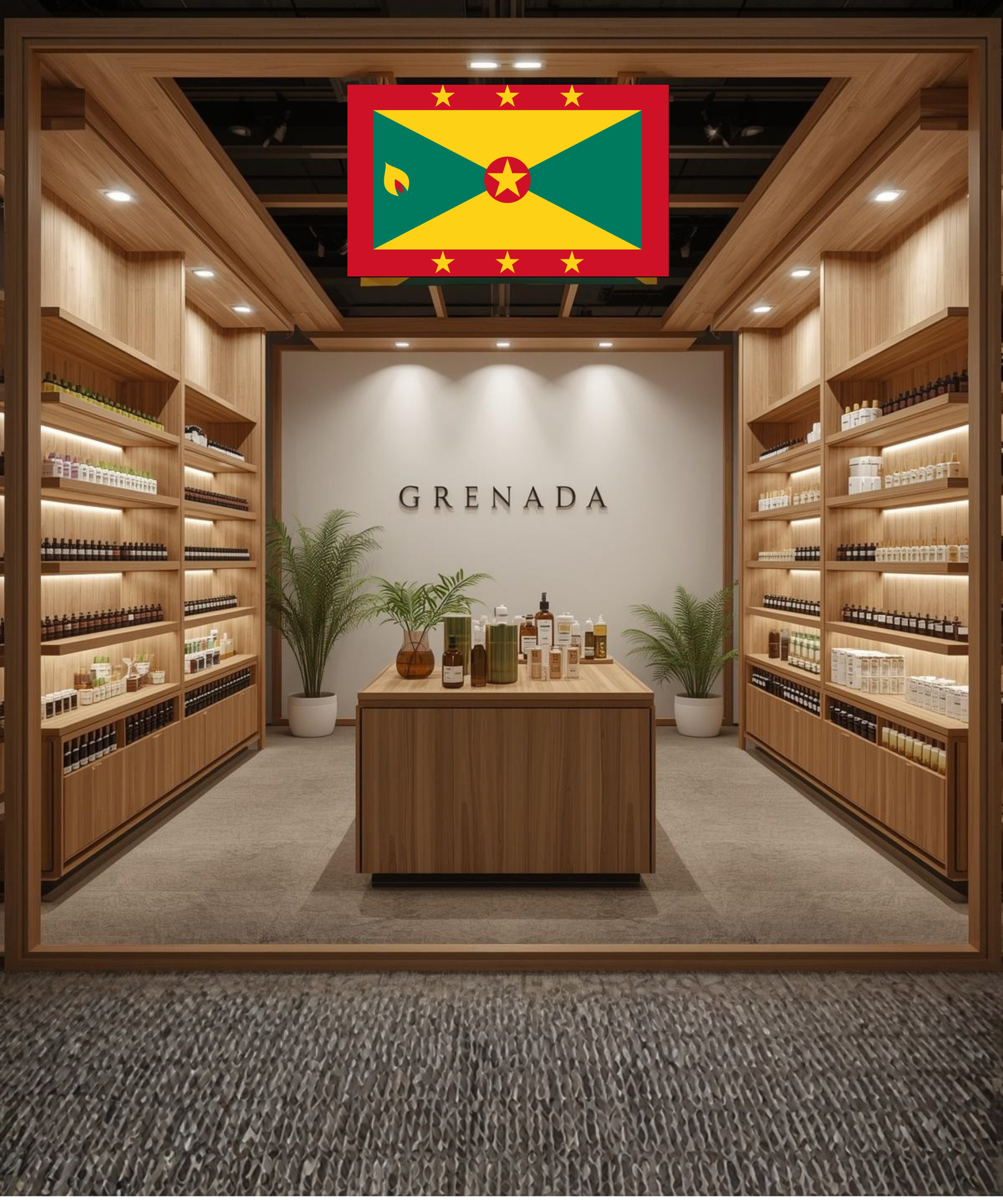 Interior of a store with wooden shelves filled with various products, a central wooden display table, and the word 'GRENADA' on the back wall. The store is decorated with potted plants.