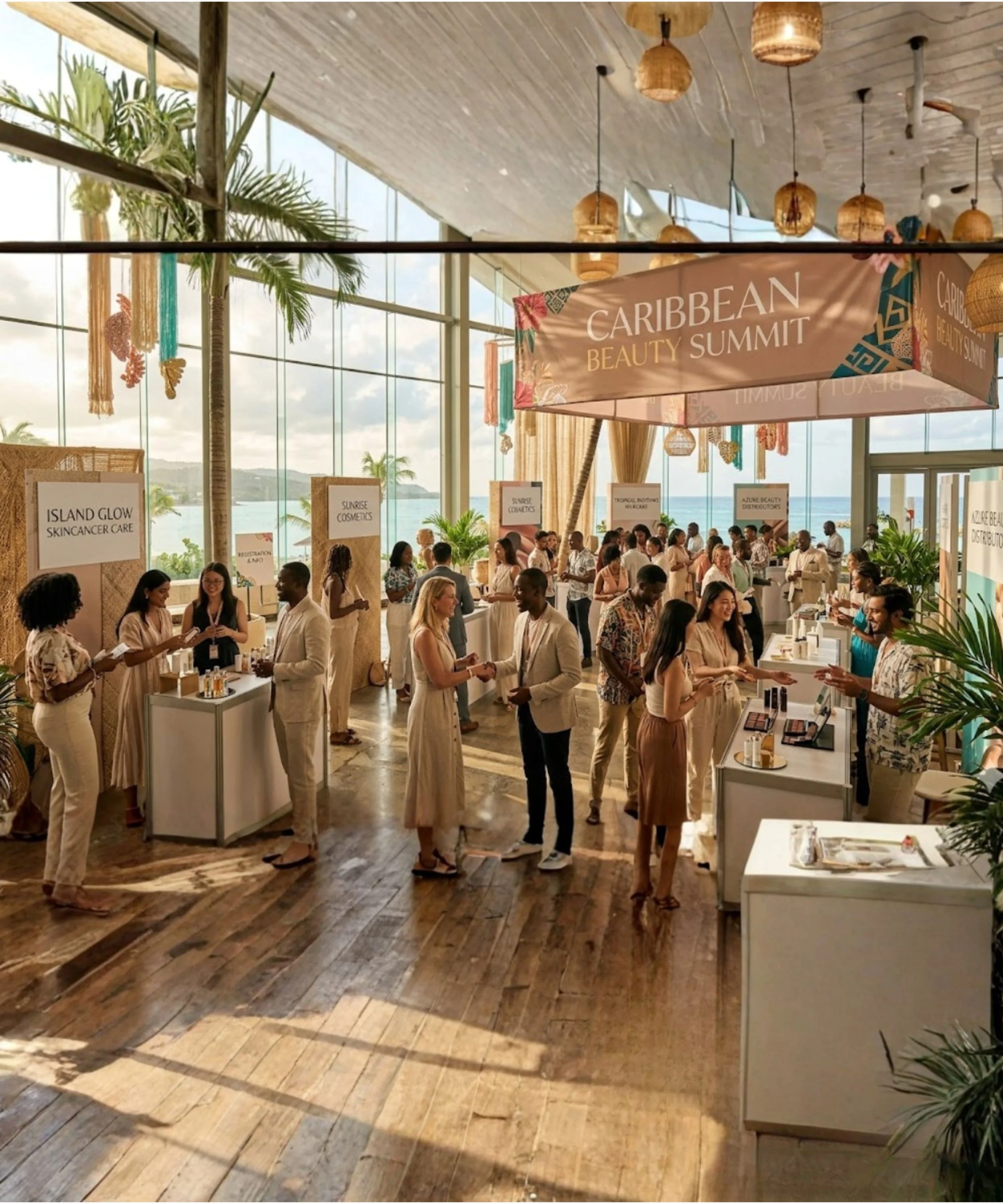 People attending the Caribbean Beauty Summit at a sunny indoor event space with large windows, tropical decor, and booths showcasing beauty products.