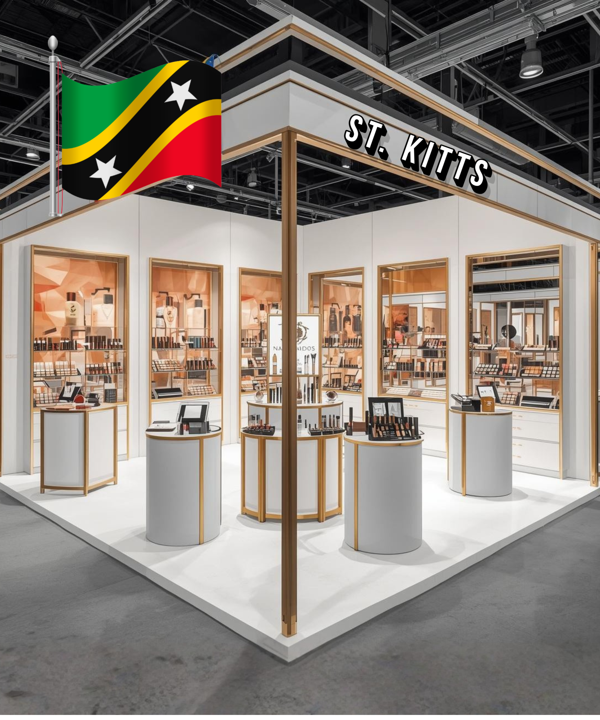 Trade show booth for St. Kitts with display shelves of beauty products inside a modern exhibition hall.