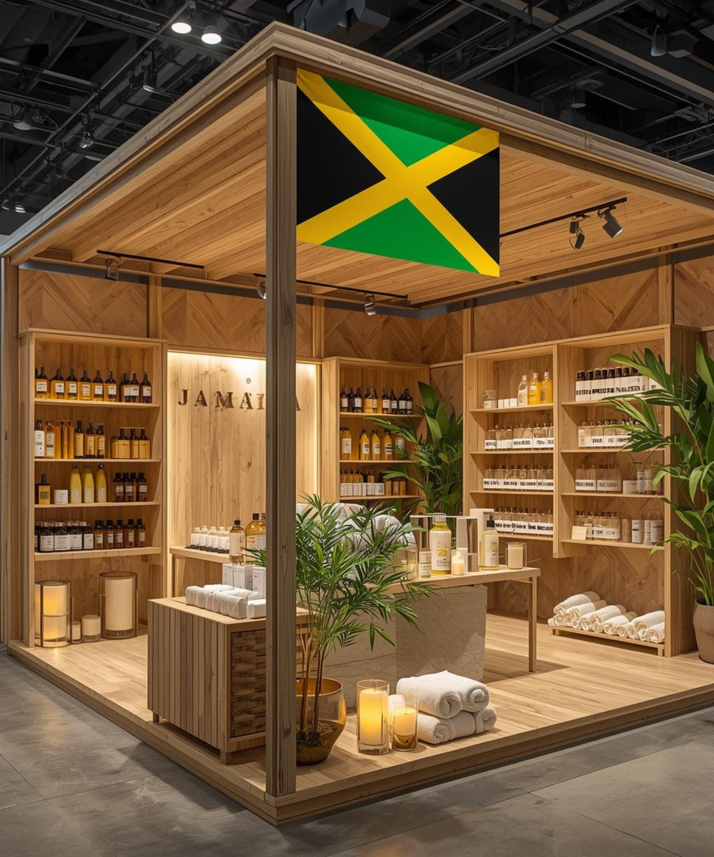A wooden booth display featuring Jamaica's flag, candles, towels, plants, and shelves stocked with beauty or skincare products.