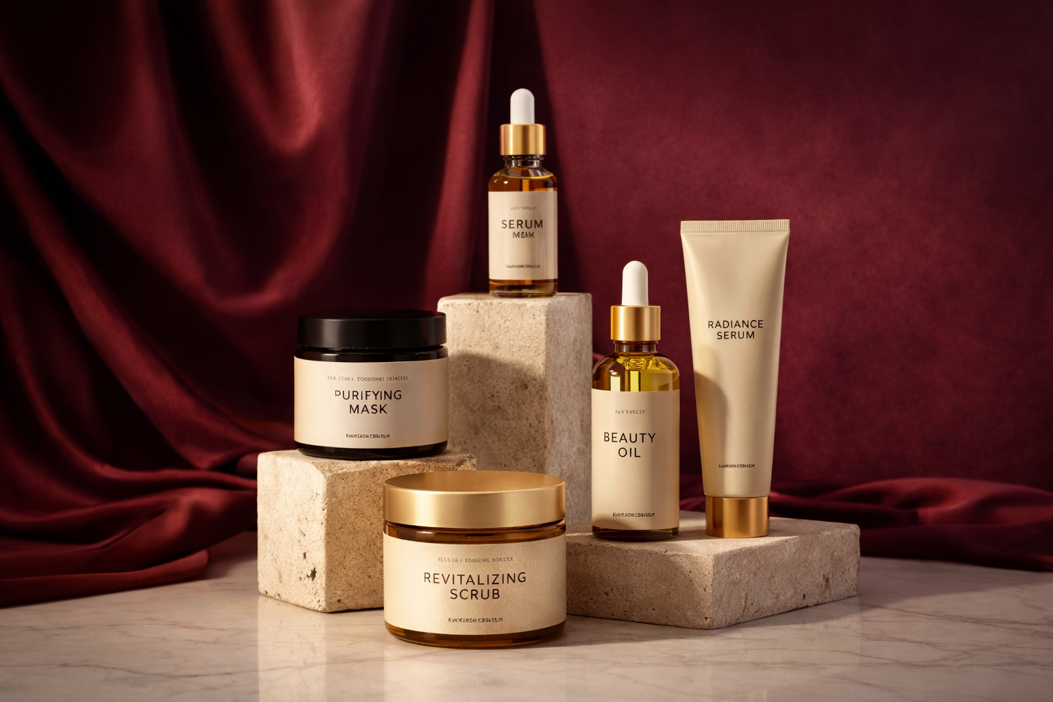 Skincare products including a purifying mask, revitalizing scrub, serum, beauty oil, and radiance serum arranged on beige stone blocks with a dark red satin background.
