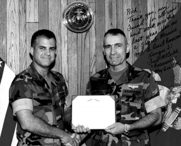From July 1996 through May 1997, I was the personal aide-de-camp to the commanding general of the Third Marine Aircraft Wing. At the end of my tour, he presented me with the Navy-Marine Corps Commendation Medal. His handwritten note on the photograph