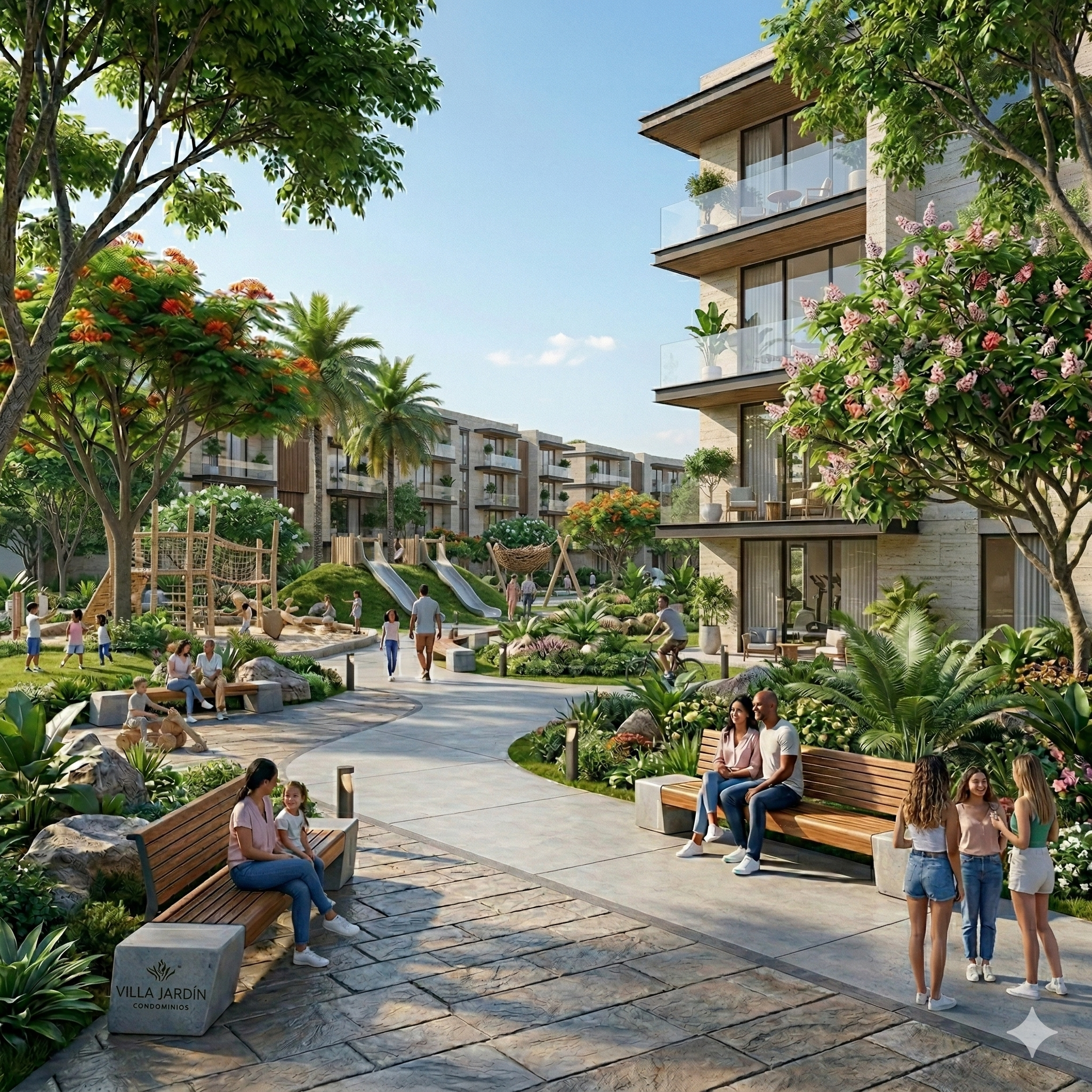 Imagen de un complejo residencial con jardines y áreas recreativas, con varias personas convivendo, niños jugando, y adultos en bancas, rodeado de árboles y vegetación, en un día soleado.