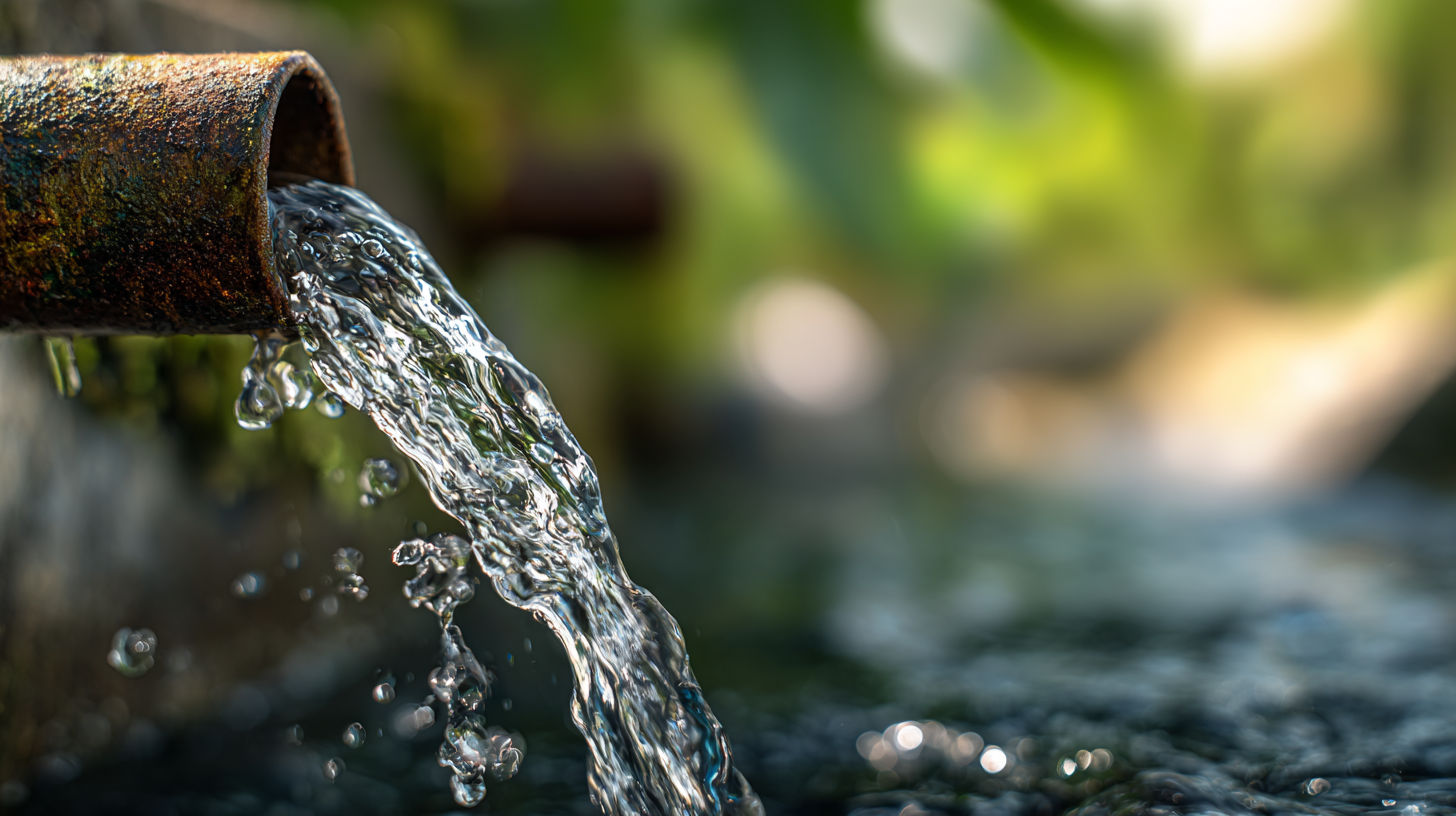 Misty Rose Water & Waste Management - Water flowing from a rusty pipe into a water body with blurred green background.