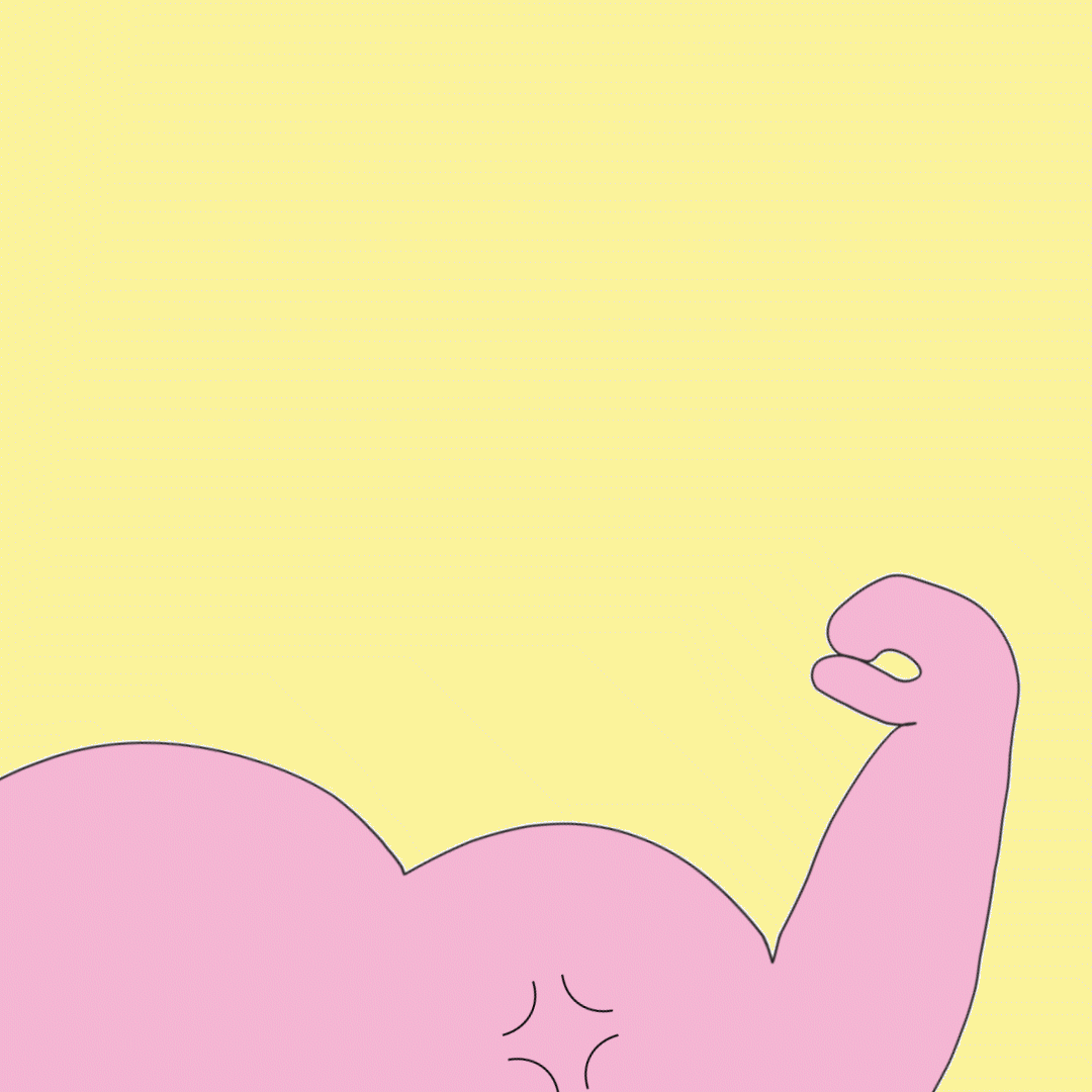 Animation personnage rose musclé sur fond jaune — illustration pour le jeu de cartes Pana po'o par Deux lignes Studio