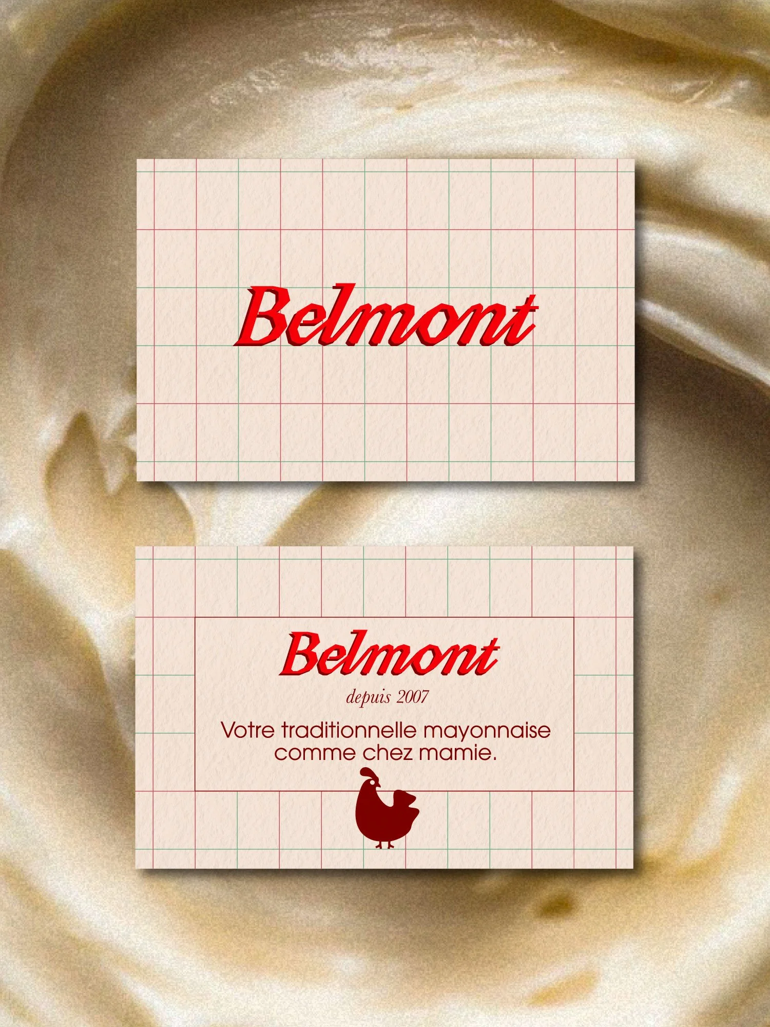 Présentation de l'identité visuelle complète de la marque Belmont, mayonnaise gourmande — carte de visite et packaging par Deux lignes Studio
