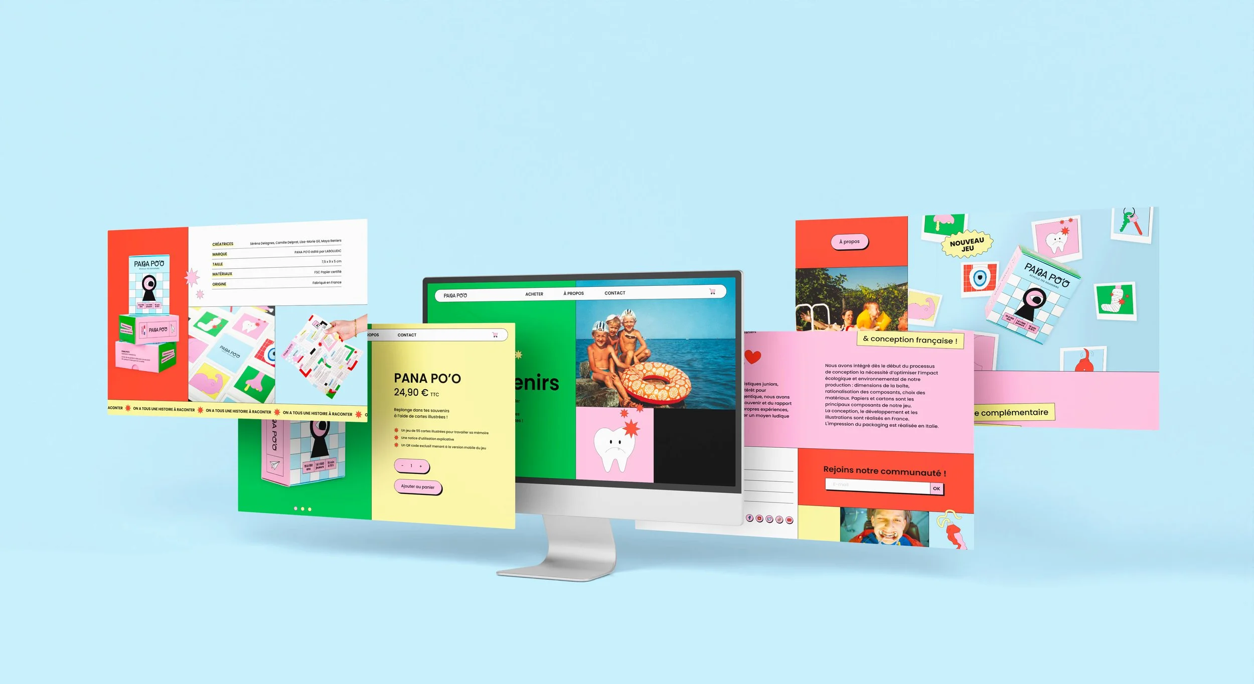 Écran d'ordinateur affichant le site vitrine de Pana po'o avec graphismes colorés, images d'enfants à la plage — web design par Deux lignes Studio