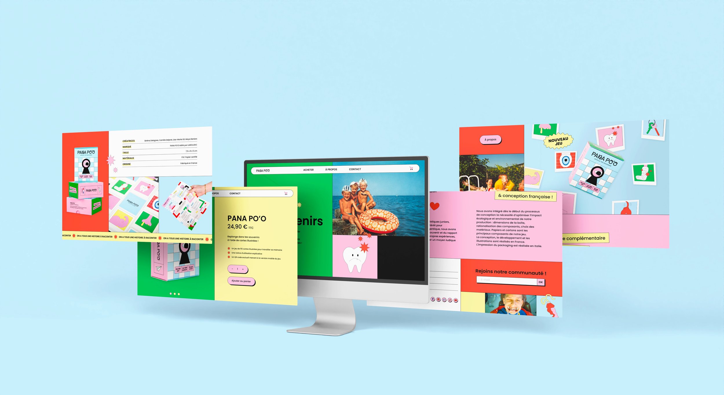 A computer monitor displaying a colorful website with various design elements, including images of children at the beach, pink and green graphics, and French text surrounding the screen.