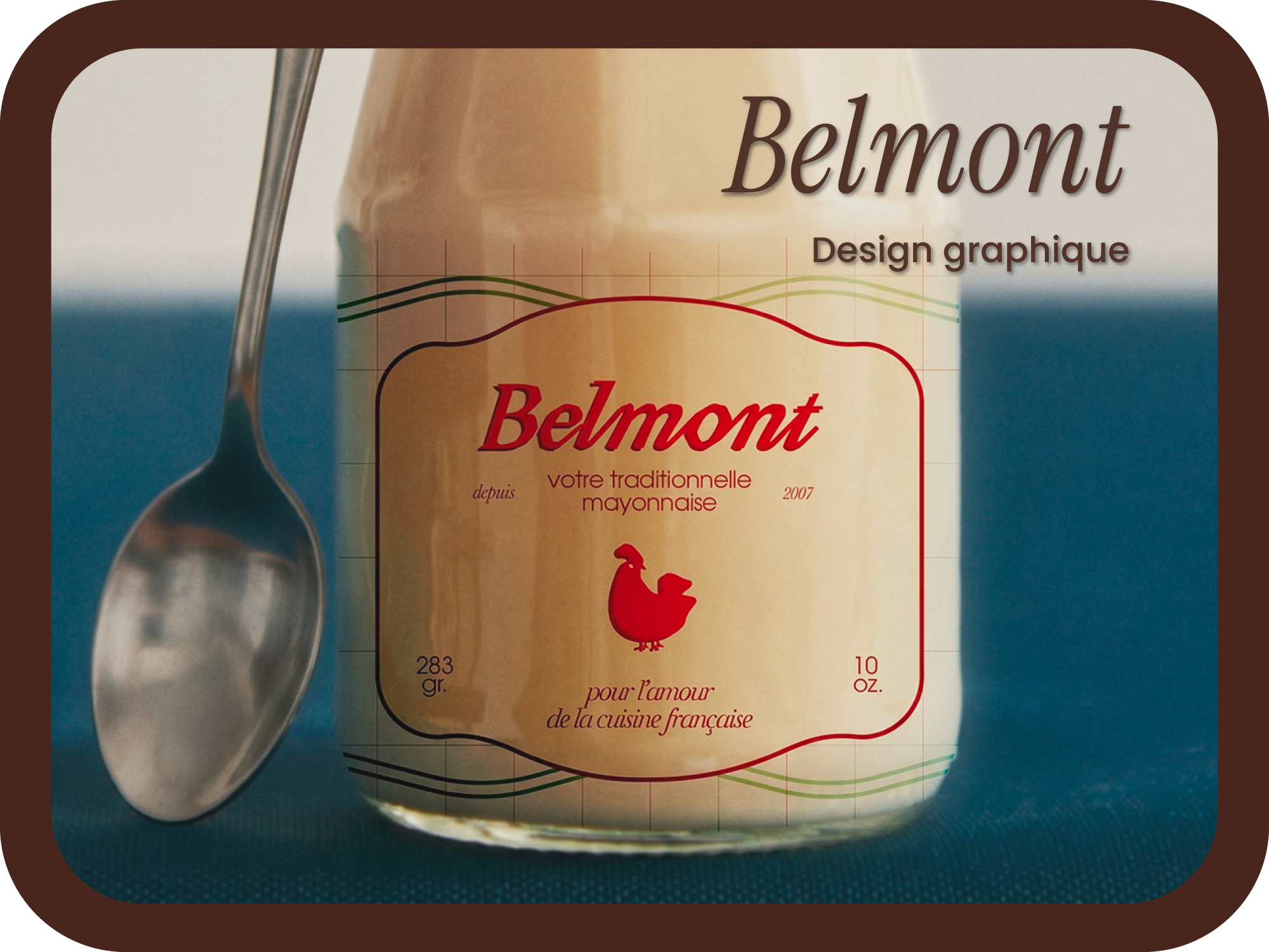 Présentation de l'identité visuelle complète de la marque Belmont, mayonnaise gourmande — charte graphique et packaging par Deux lignes Studio