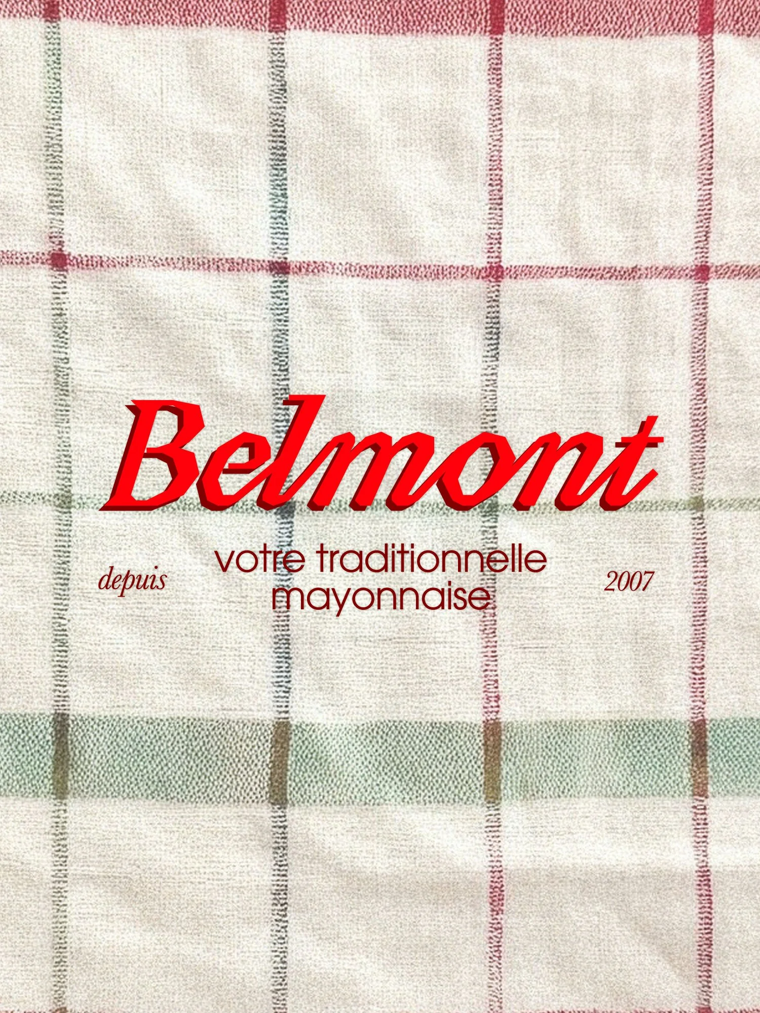 Tissu à carreaux rouge et beige avec le nom Belmont en grandes lettres rouges — packaging identité visuelle mayonnaise gourmande par Deux lignes Studio