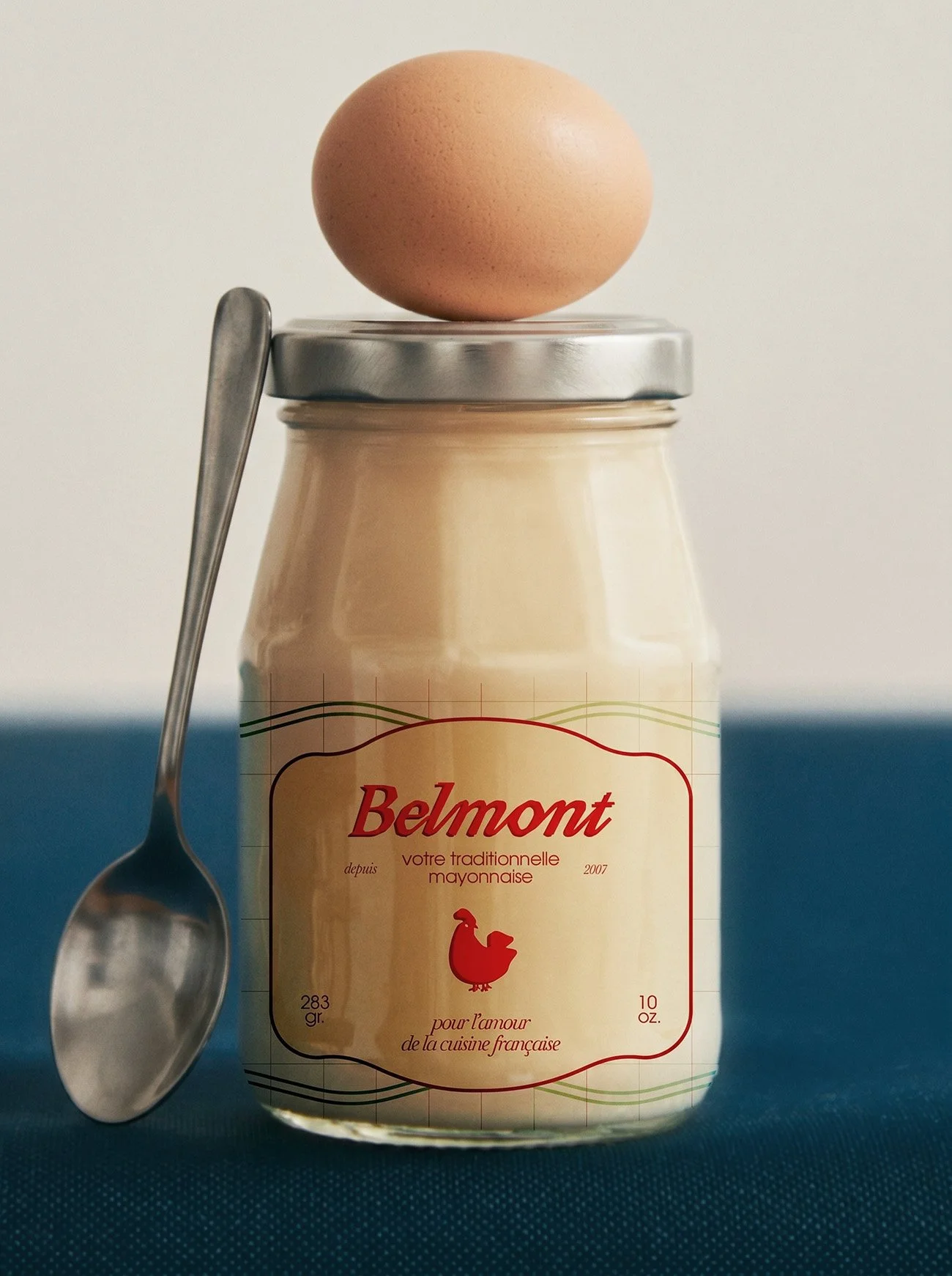 Présentation de l'identité visuelle complète de la marque Belmont, mayonnaise gourmande — graphisme et packaging par Deux lignes Studio