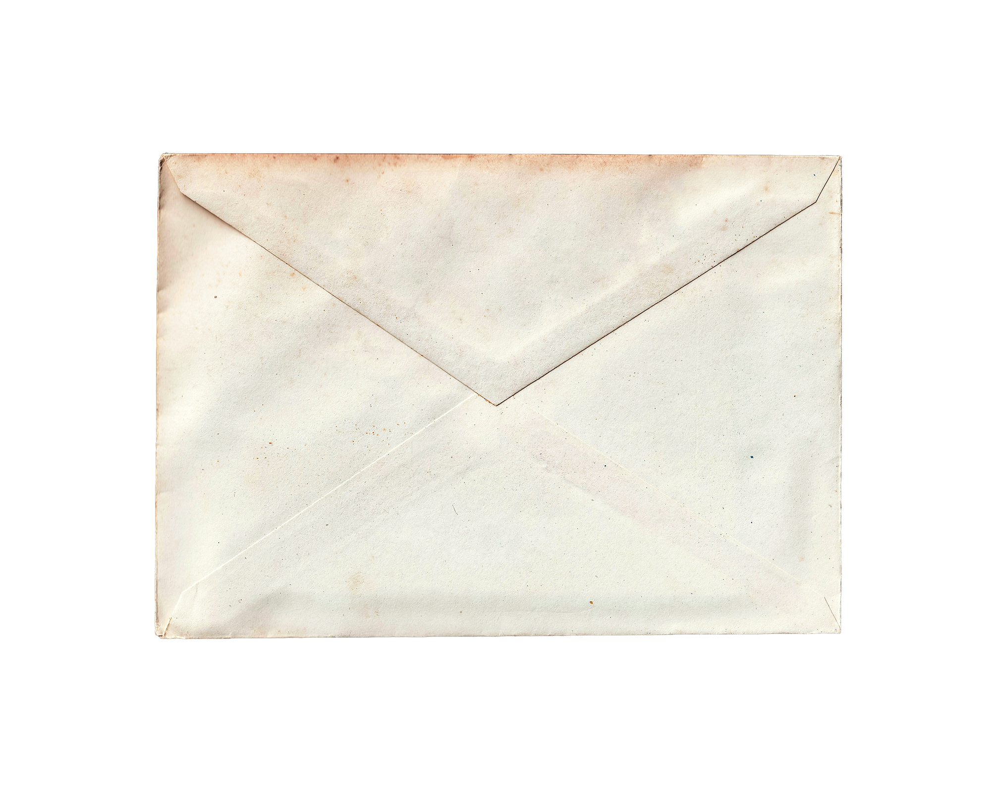 A close-up image of an old, weathered white paper envelope with a slightly stained top edge, shown against a black background.
