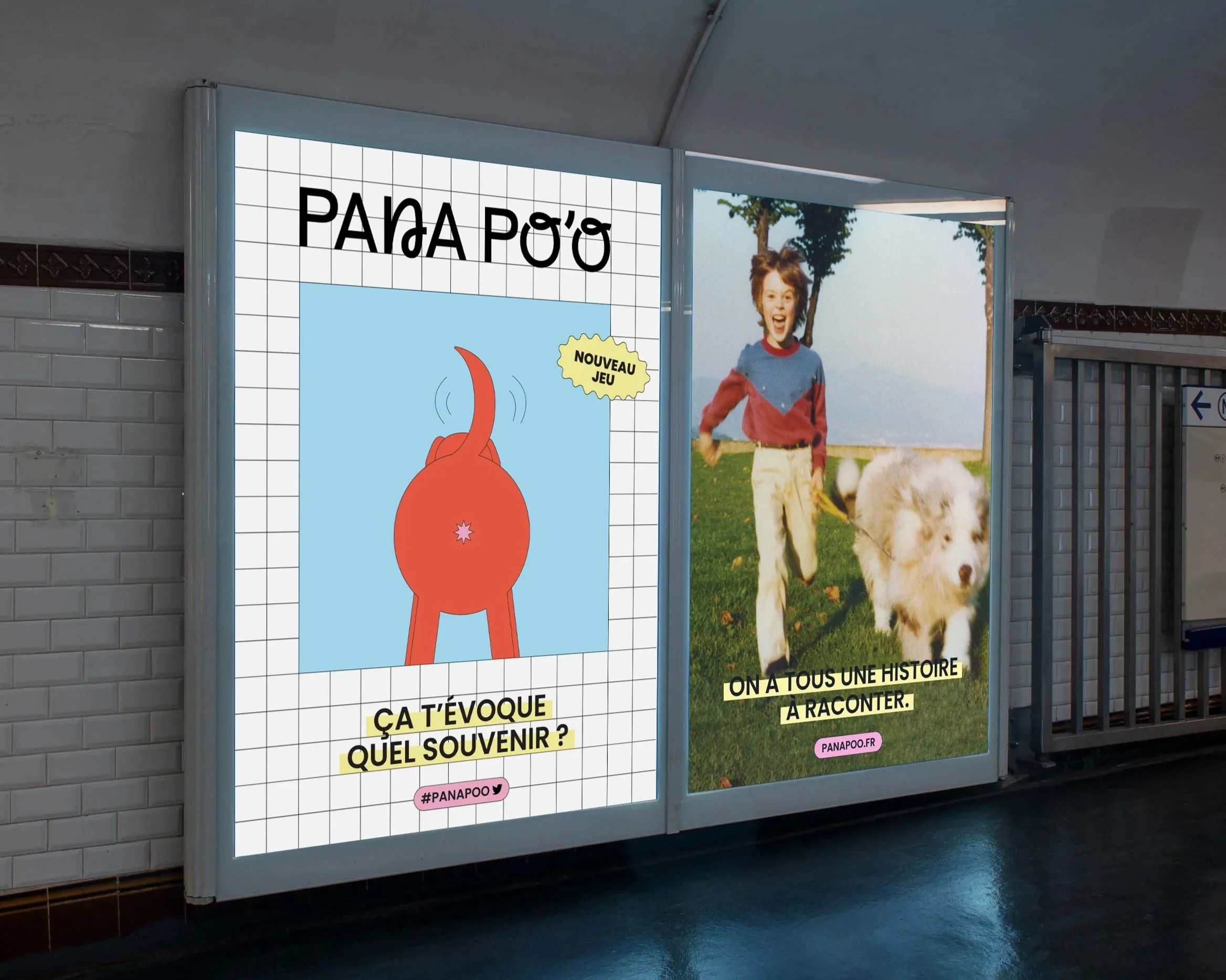 Two illuminated poster displays next to a brick wall; the left poster features a question in French about what a diaper evokes and a cartoon drawing of a red, upside-down heart; the right poster shows a smiling boy in a park with a dog. Both posters include French text and a pink hashtag #PANAPOO.