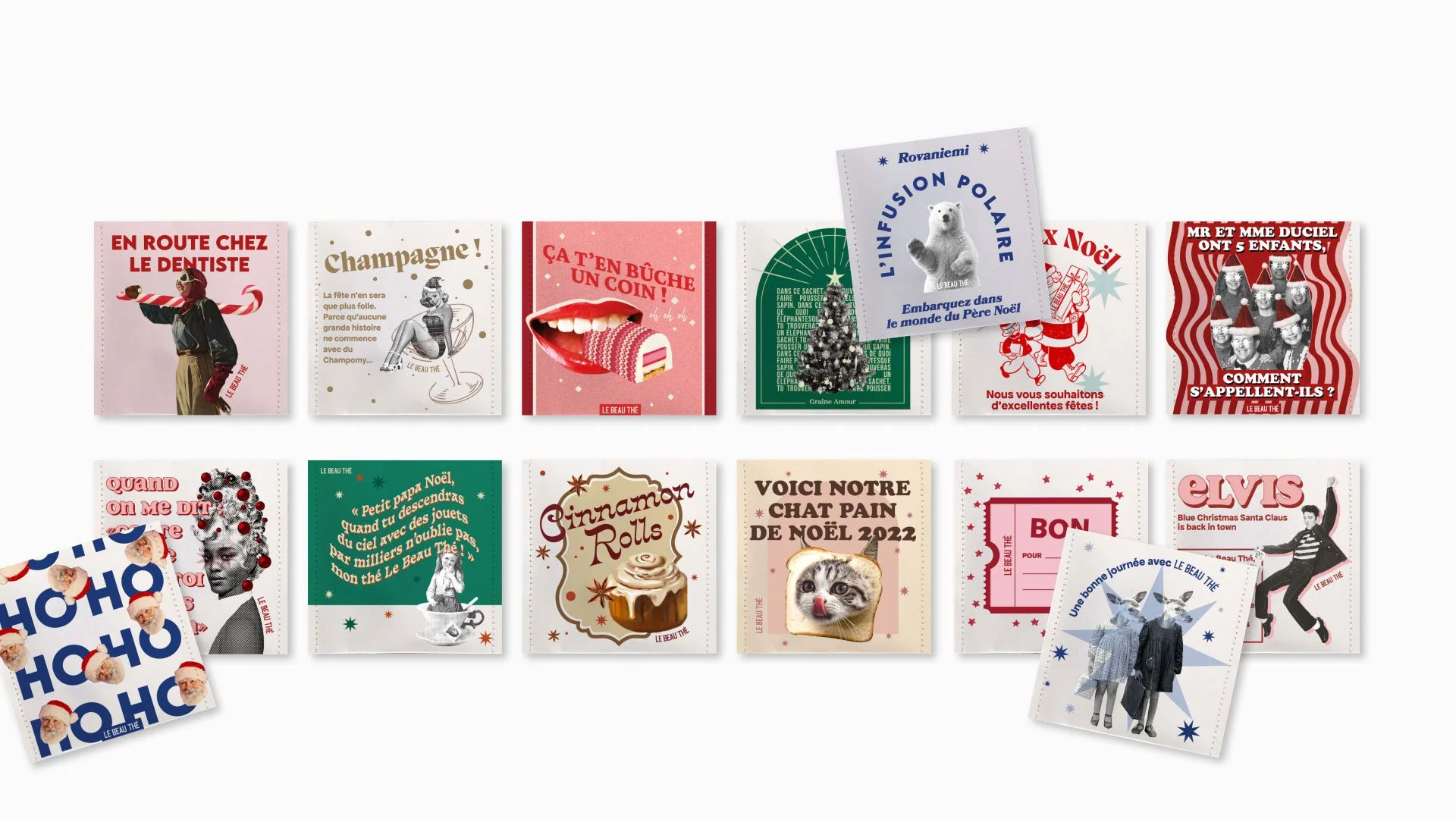 Sachets de thé personnalisés sur le thème de Noël pour la marque Le Beau Thé — création graphique Deux lignes Studio