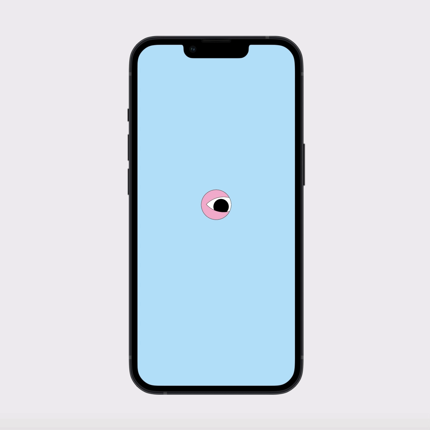 Écran iPhone avec fond bleu et cercle rose avec dessin d'œil — interface application mobile Pana po'o par Deux lignes Studio