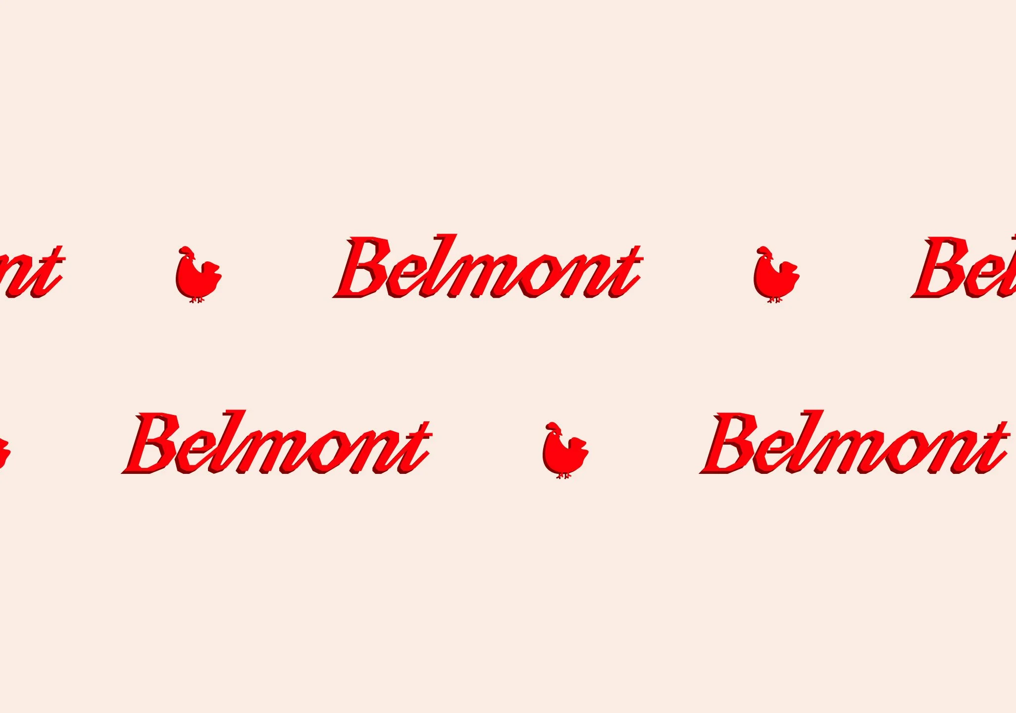 Pattern of the word 'Belmont' written in red cursive font, accompanied by small red cartoon chicken icons on a light beige background.