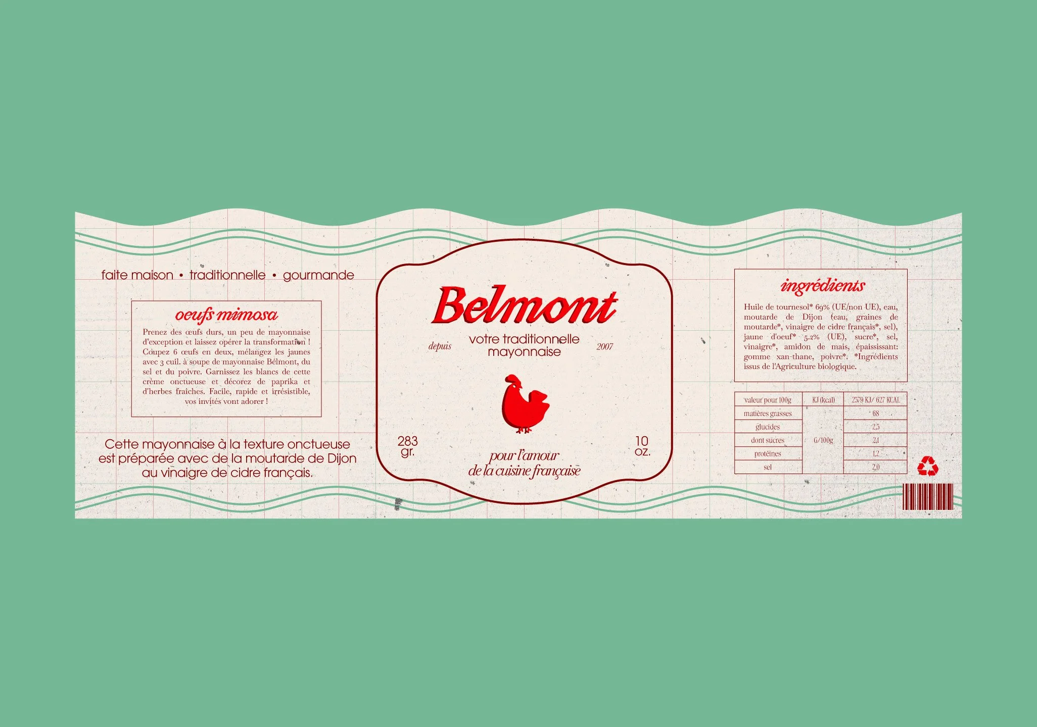 Etiquette mayonnaise Belmont avec liste d'ingrédients et instructions en français — design packaging alimentaire par Deux lignes Studio