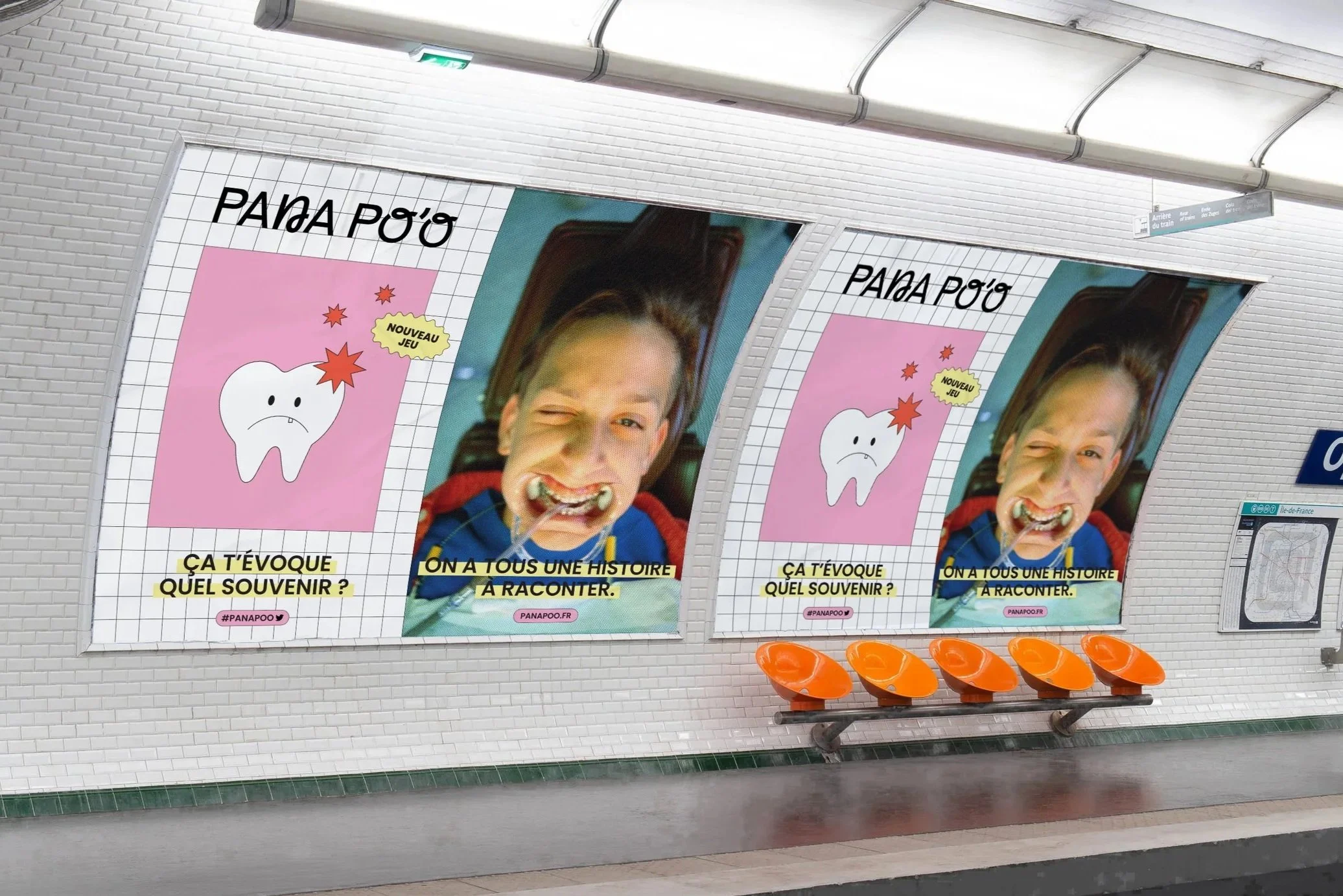 Affiches Pana po'o dans une station de métro avec photo d'enfant et texte sur fond rose — campagne de communication par Deux lignes Studio