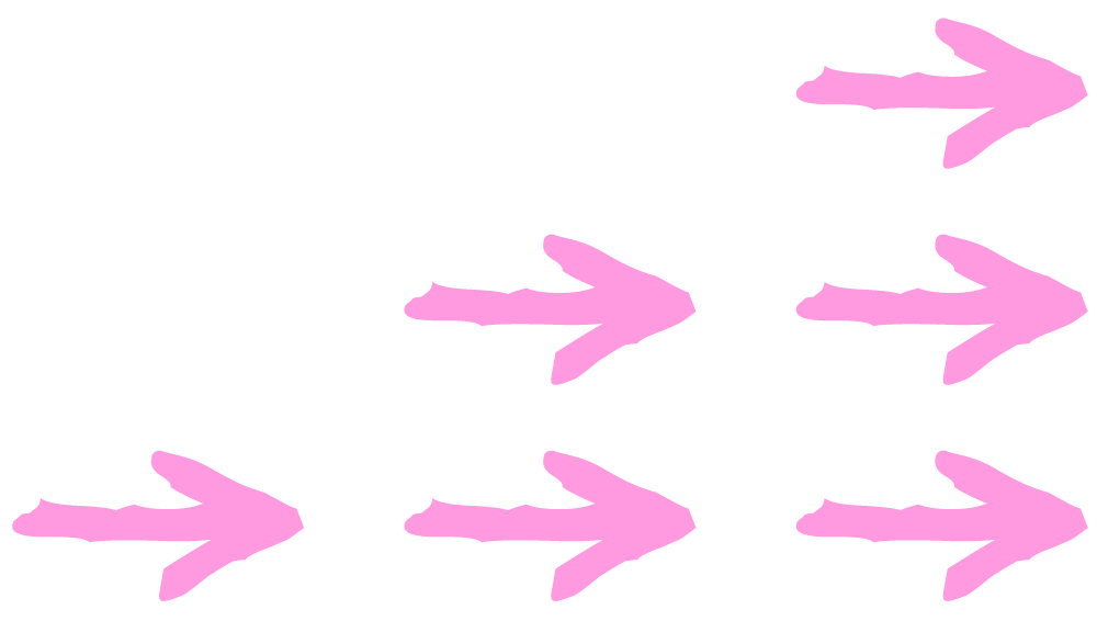 Illustration of five pink arrows pointing to the right, arranged in pairs.
