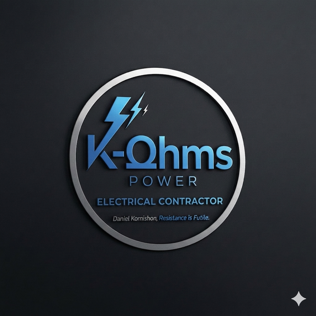 A logo for K-Ohms Power electrical contractor with a lightning bolt symbol, the name in blue, and the slogan 'Resistance is Futile' by Daniel Komishon against a black background.