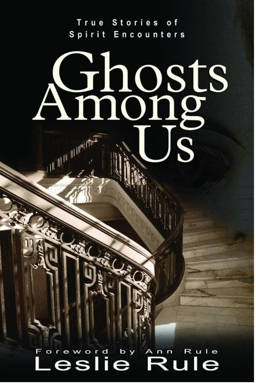 Book cover for 'Ghosts Among Us' by Leslie Rule, featuring a black and white staircase with ornate railing and marble steps, with the title and author's name displayed.